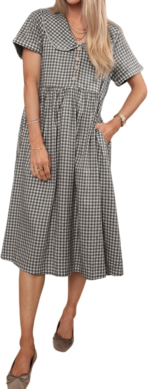 Women's Boho Gingham Collar Midi Dress Short Sleeve Flowy Beach Cover Up with Pockets Resort Kaftan Style
