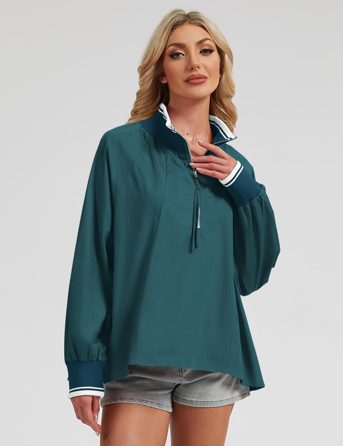 Womens Half Zip Blouses Puff Long Sleeve Henley Shirts Dressy Casual Contrast Collared Loose Fit Swing Tunic Tops - Image 2