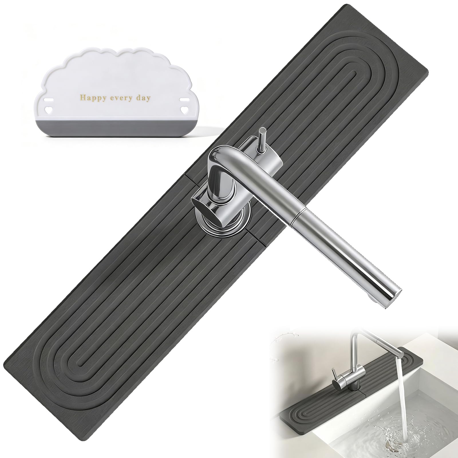 16 Inch Diatomite Sink Mat with Squeegee, Super Absorbent Quick Dry Faucet Mat for Kitchen Sink, Splash Guard Countertop Protector for 6.5cm Hole Spacin Kitchen and Bathroom