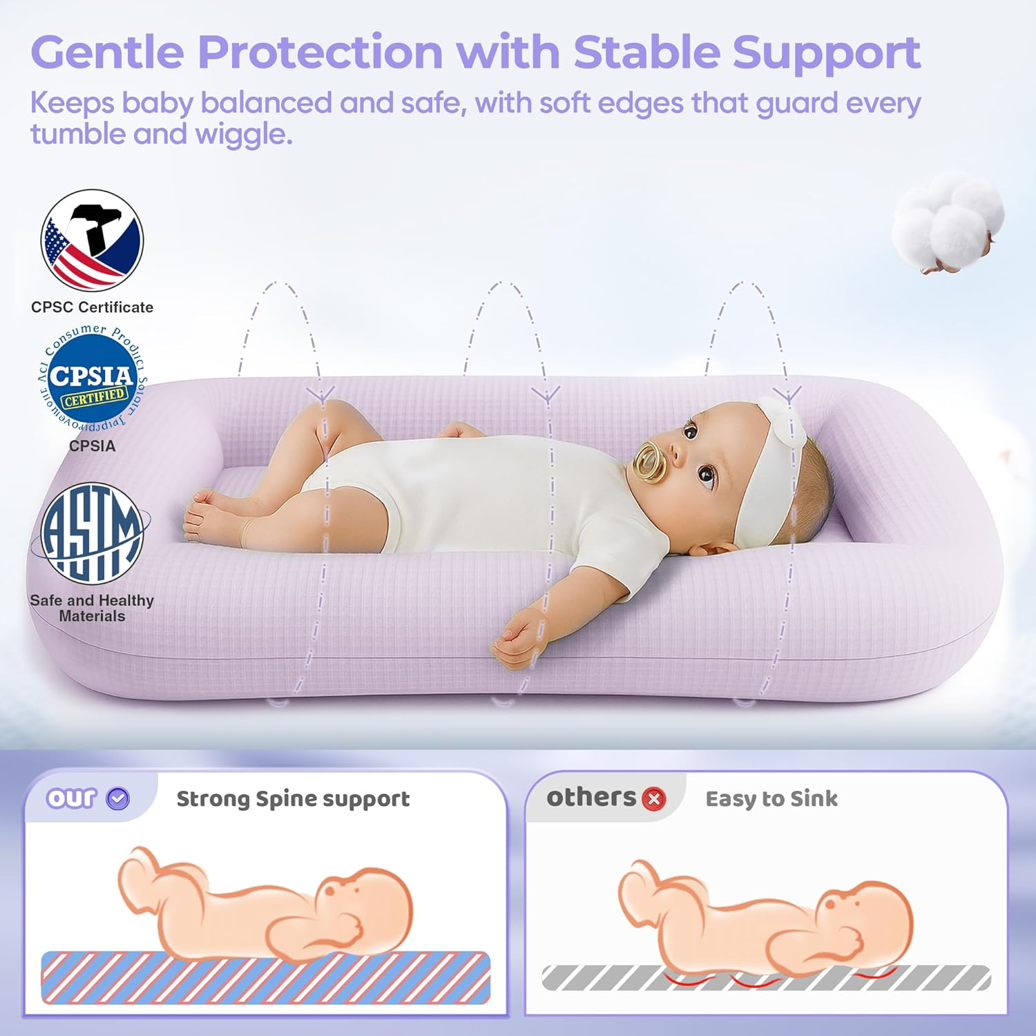 Infant Support Cushion - Baby Support Cushion for Newborn, 0-24 Months, Breathable Cotton Fabric Infant Support Cushion, Portable Newborn Essentials for Home and Travel, Pink (Cover Included)