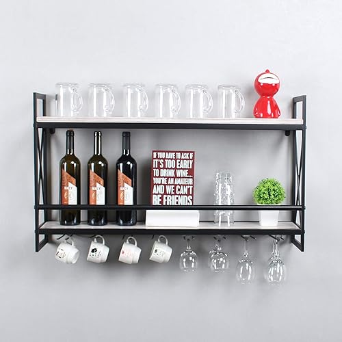 Miniatura 15 de MBQQ: estantes de vino rústicos montados en la pared con soporte para 8 copas, estante de vino industrial de metal colgante de 36 pulgadas, estantes