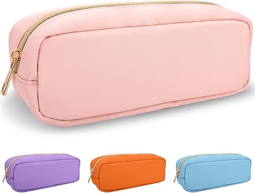 Miniatura 25 de izuzta Bolsa de maquillaje pequeña de nylon, linda bolsa preppy, bolsa con cremallera para cosméticos, Beige, Chico