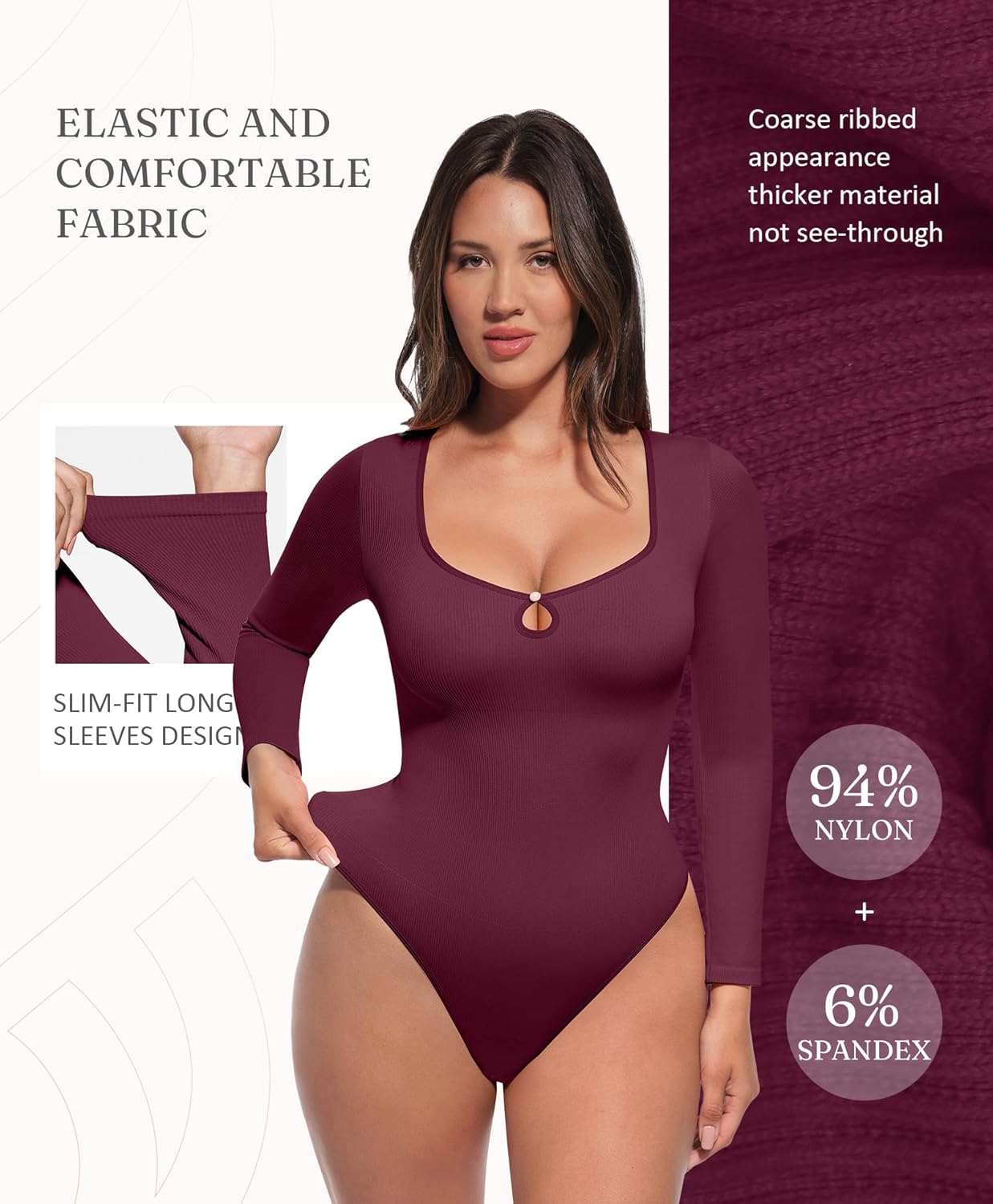 FeelinGirl Tummy Control Bodysuit for Women - Long Sleeve Shapewear Body Suits Seamless Thong Round Neck Body Shaper - Image 3