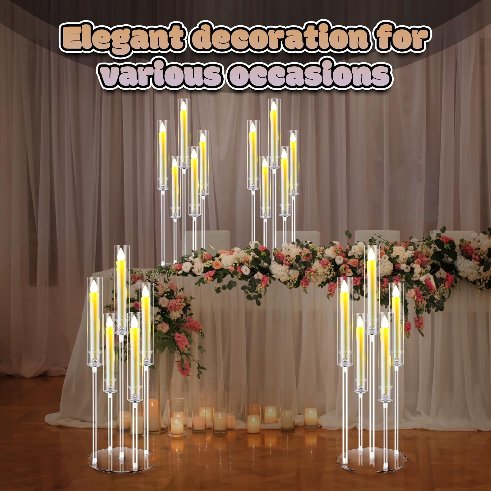 Vesici 2 Portacandele A 8 Bracci In Acrilico Trasparente - Altezza 120 Cm, Base 28 Cm, Per Candele LED 2 Cm - Per Matrimoni, Feste, Decorazione Tavolo