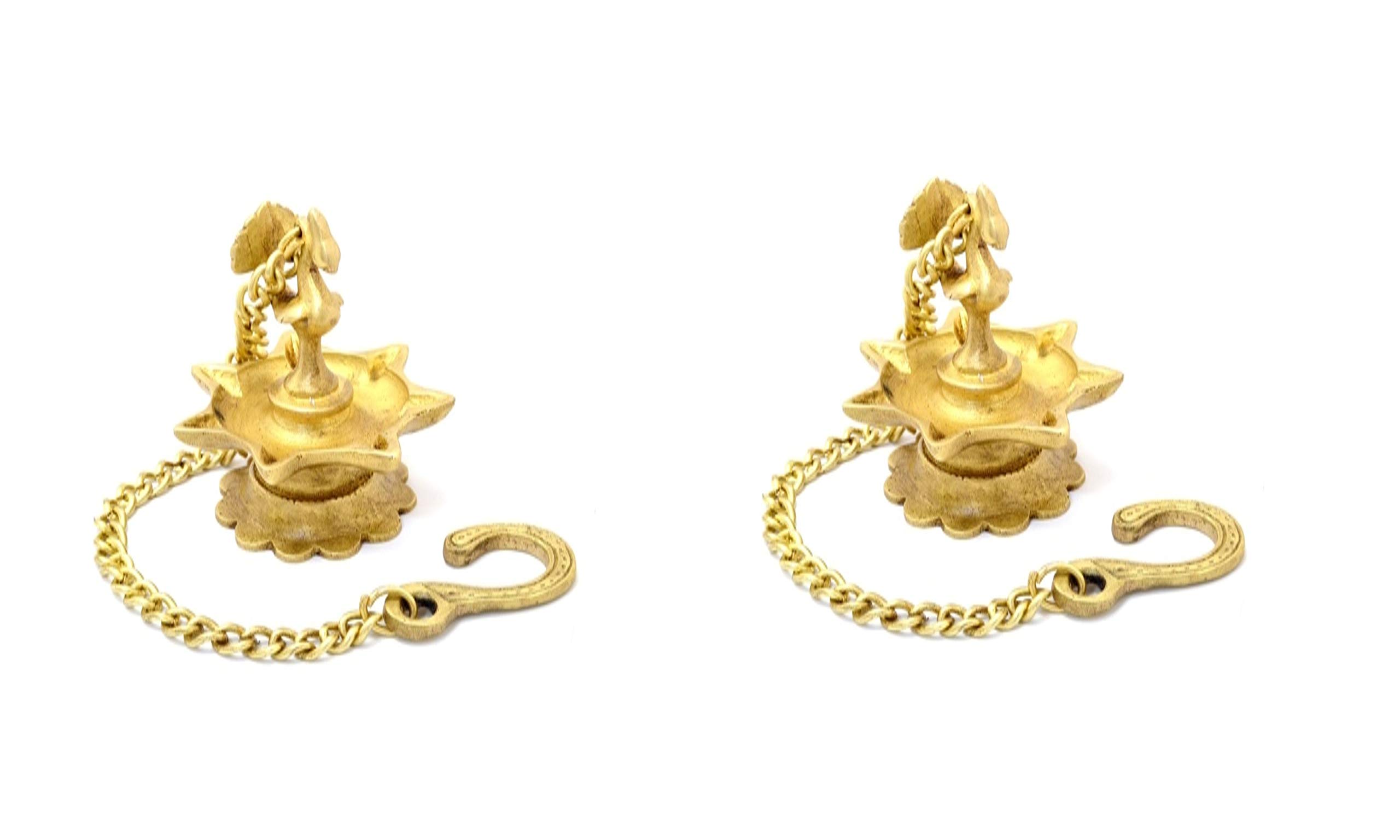 Two Moustaches Peacock Design Brass Hanging Diya Set, Brass Oil Lamp Pair, Diyas for Decoration, 2.5X2.5X3.5 LXWXH Inches, Chain Length -11 Inches, Standard, Pack of 2 Diyas