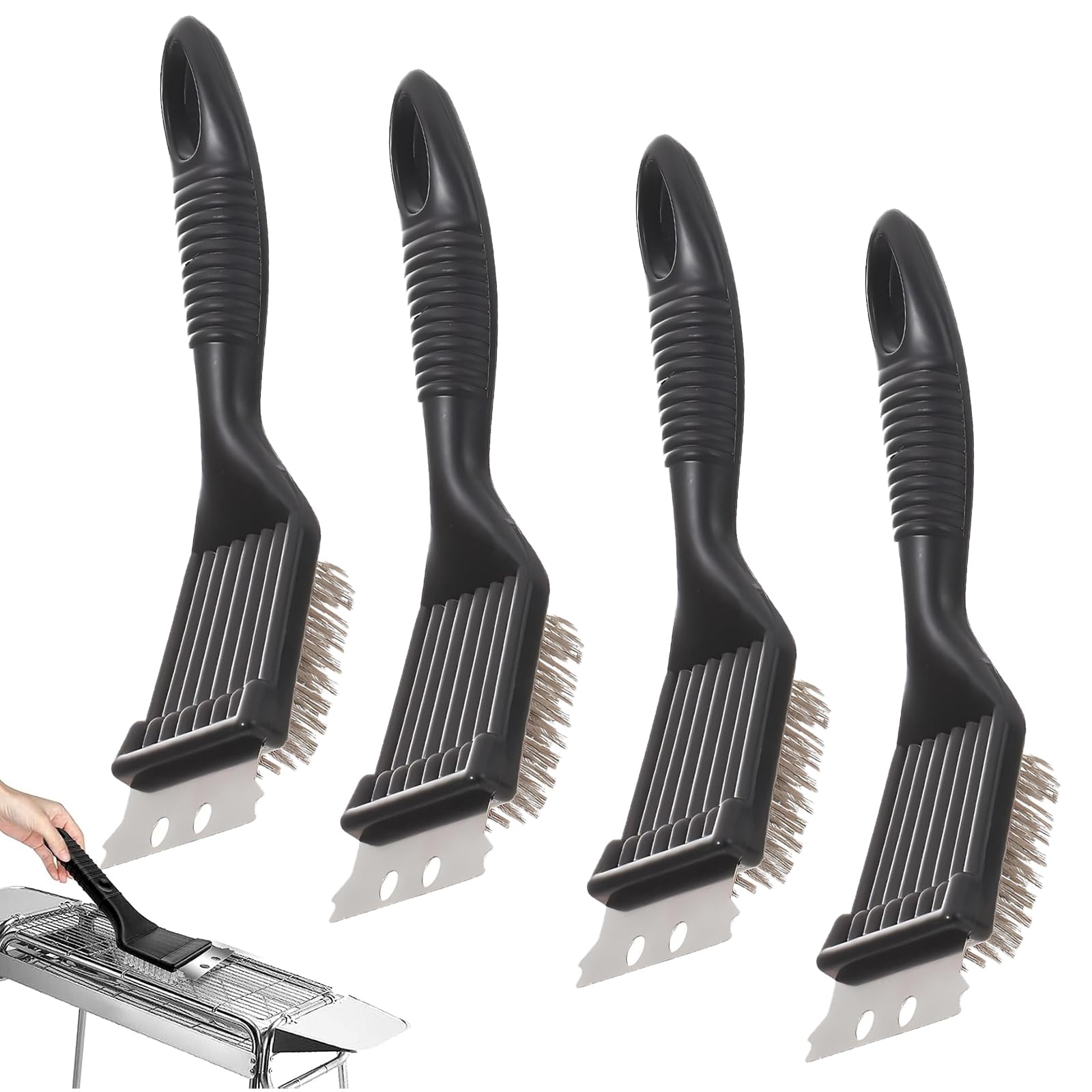 Set di Pulizia per BBQ 3 Pezzi in Acciaio Inox Con spazzole in filo metallico e raschietto per griglia - Ideale per griglie a gas, a carbone e piastre barbecue