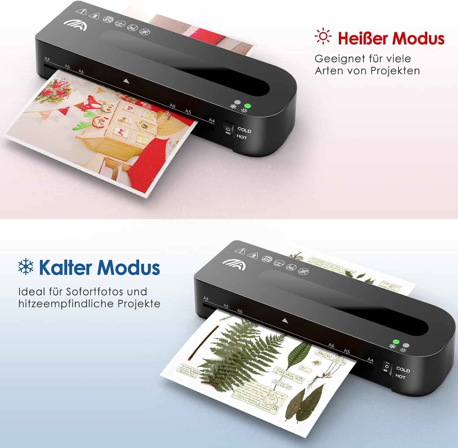 Hot and Cold laminating modes on MAXDONE B-FN333, showing suitable uses for each