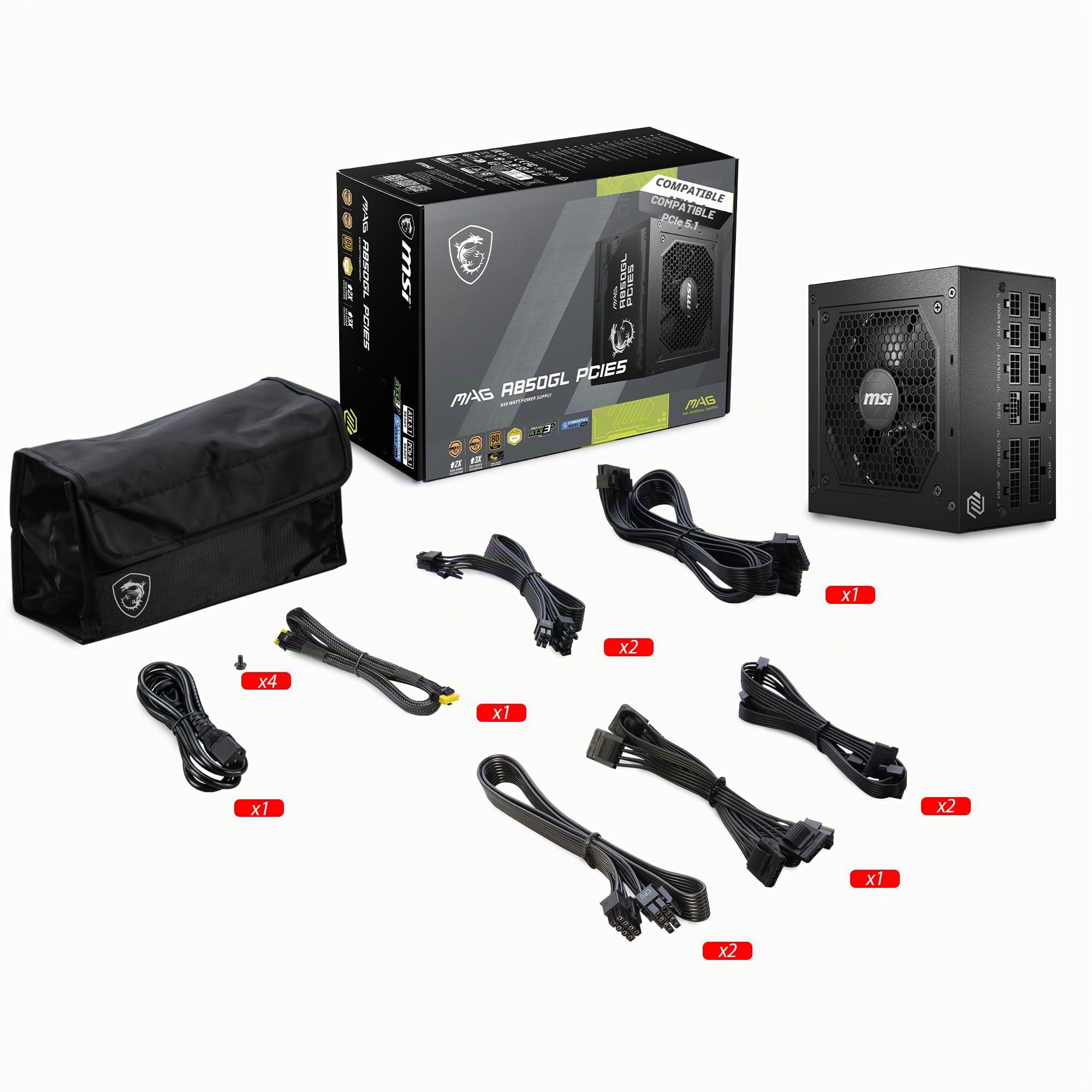 MSI MAG Bloc d'alimentation 850 W 80 Plus Gold - ATX 3.0 PCIe 5.0 Ready - 12VHPWR [MAG A850GL PCIE5]