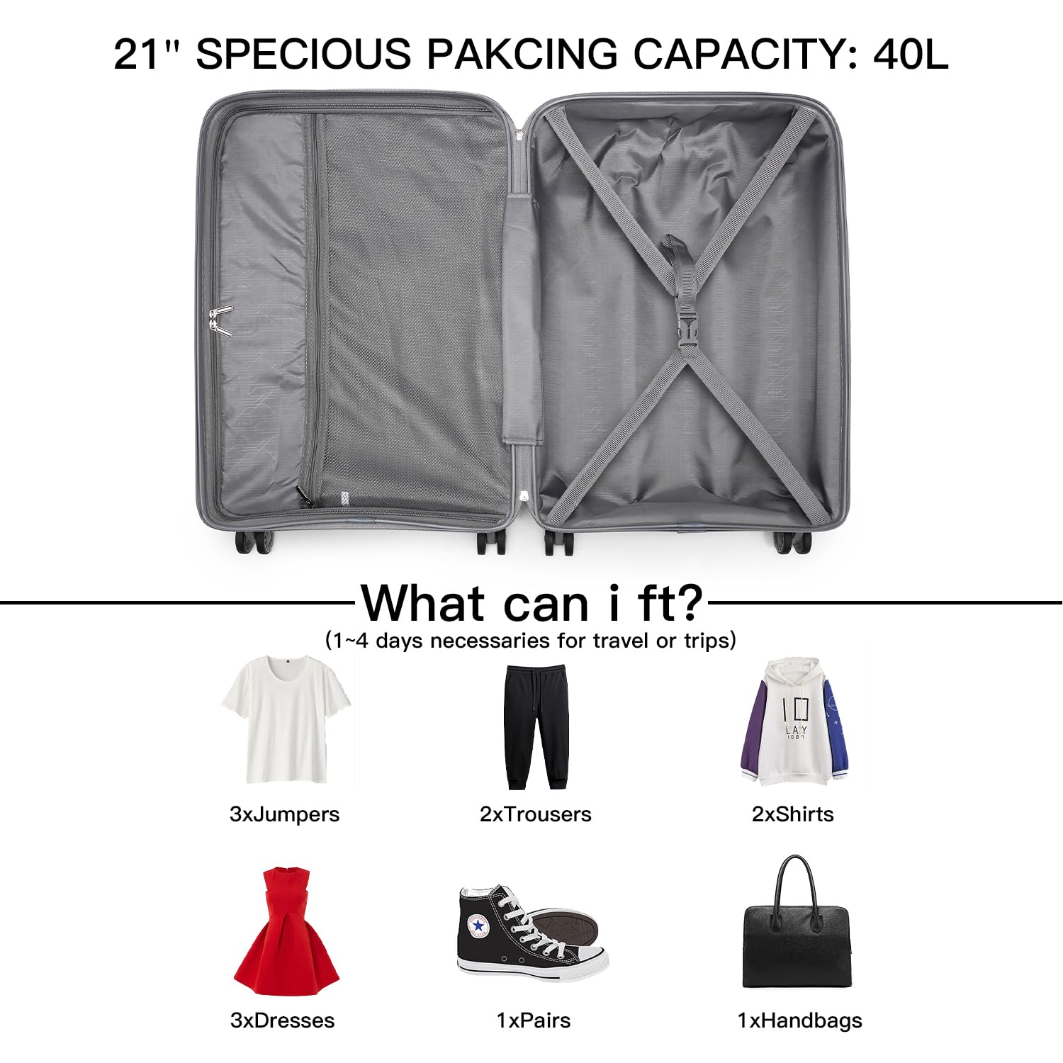 KONO Trolley Bagaglio a Mano Rigida Valigia da Viaggio in Polipropilene con 4 Ruote e Lucchetto TSA 55x40x20cm, Grigio