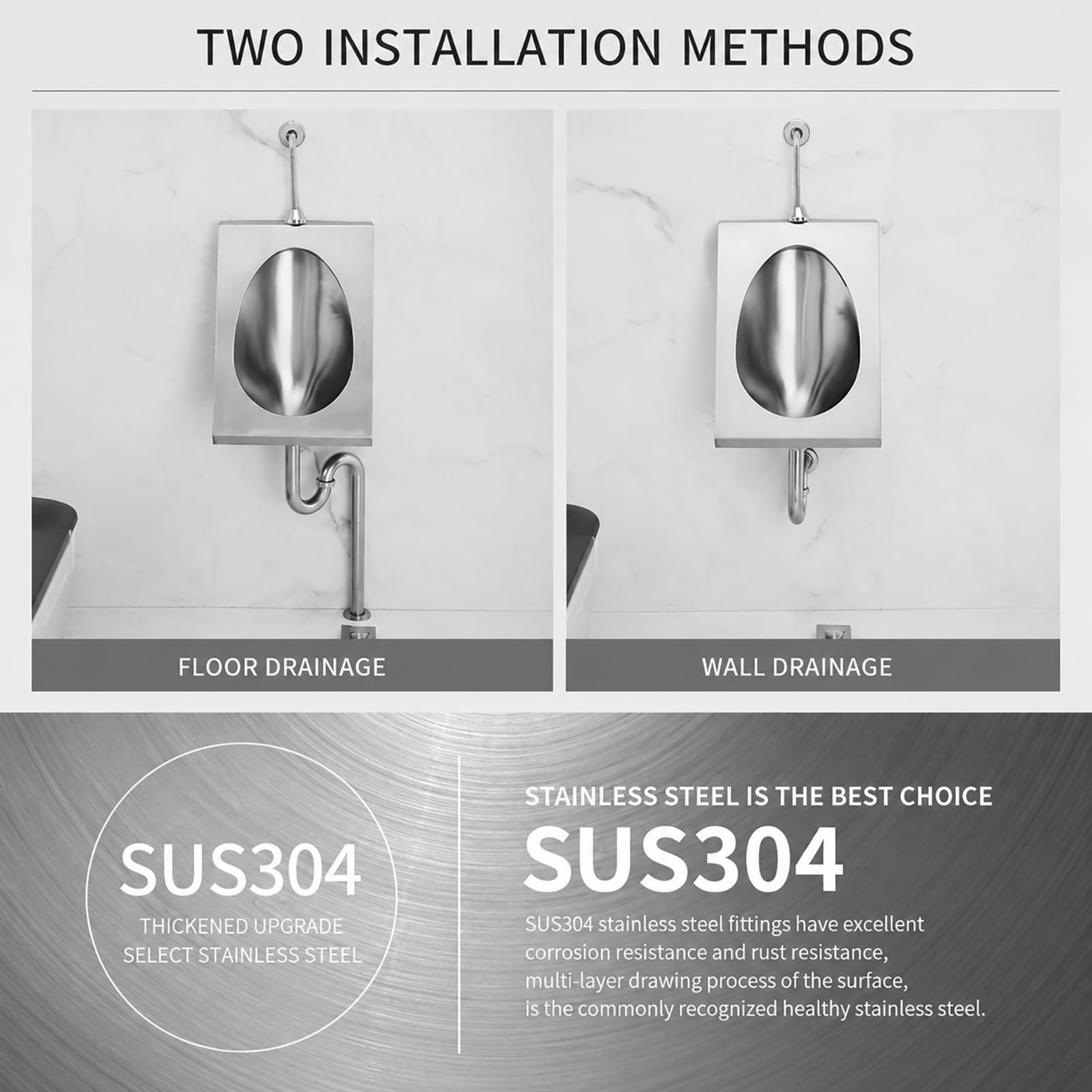 Urinario de Pared Acero Inoxidable 304 para Hombres con Descarga Automática por Sensor, Comercial para Baño, Hotel, Bar, Garaje y Espacios Exteriores(Concealed Sensor B,Wall Drainage)