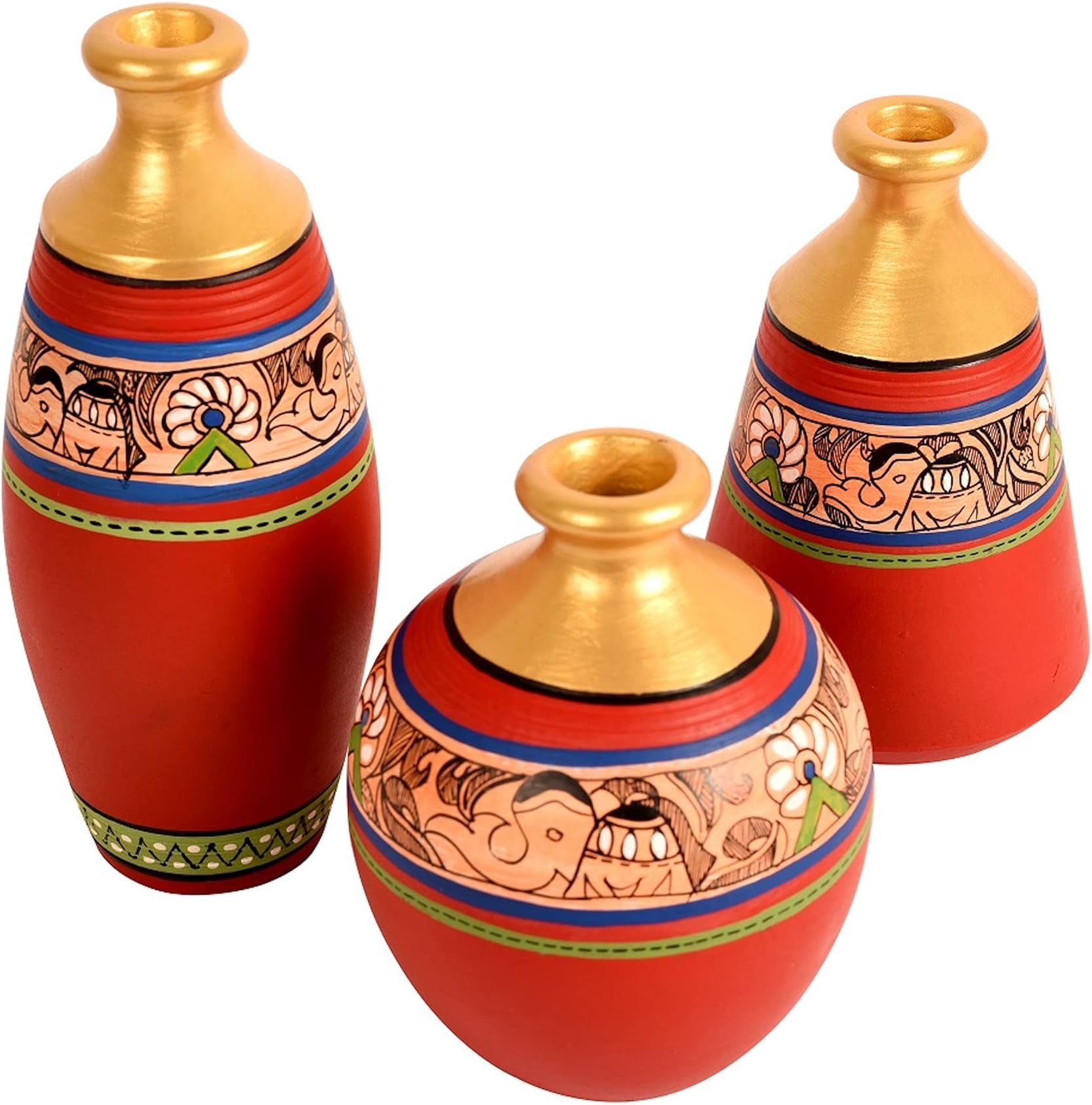 AAKRITI ART CREATIONS Earthenware Madhubani Hand-Painted Vases (Pot 1-6 X 3 Inch, Pot 2-5 X 3 Inch, Pot 3-5 X 4 Inch, Red and Golden)