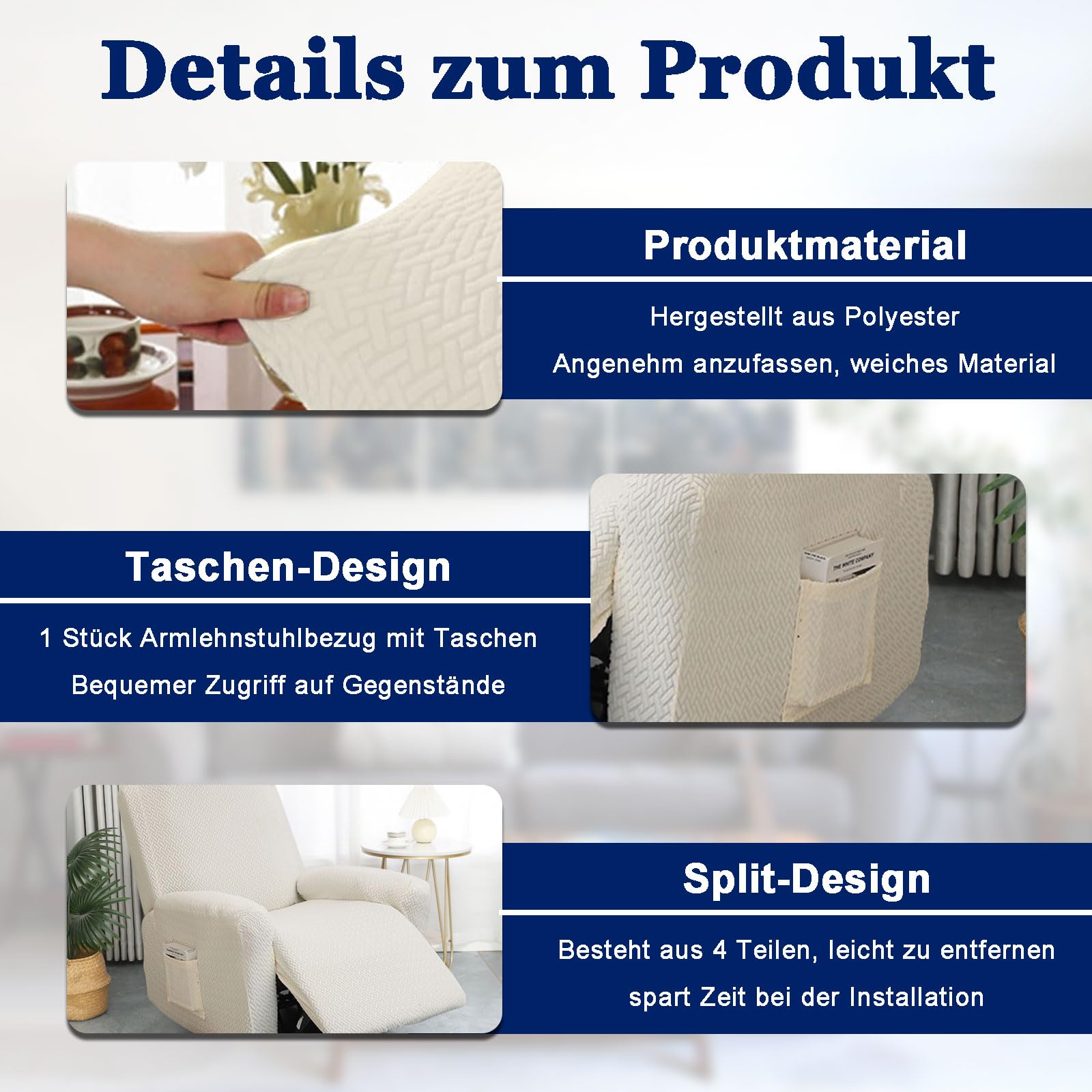 Fodere per poltrona, 4 pezzi, elasticizzato, con tasche, lavabile, elasticizzato, per poltrona relax (beige)