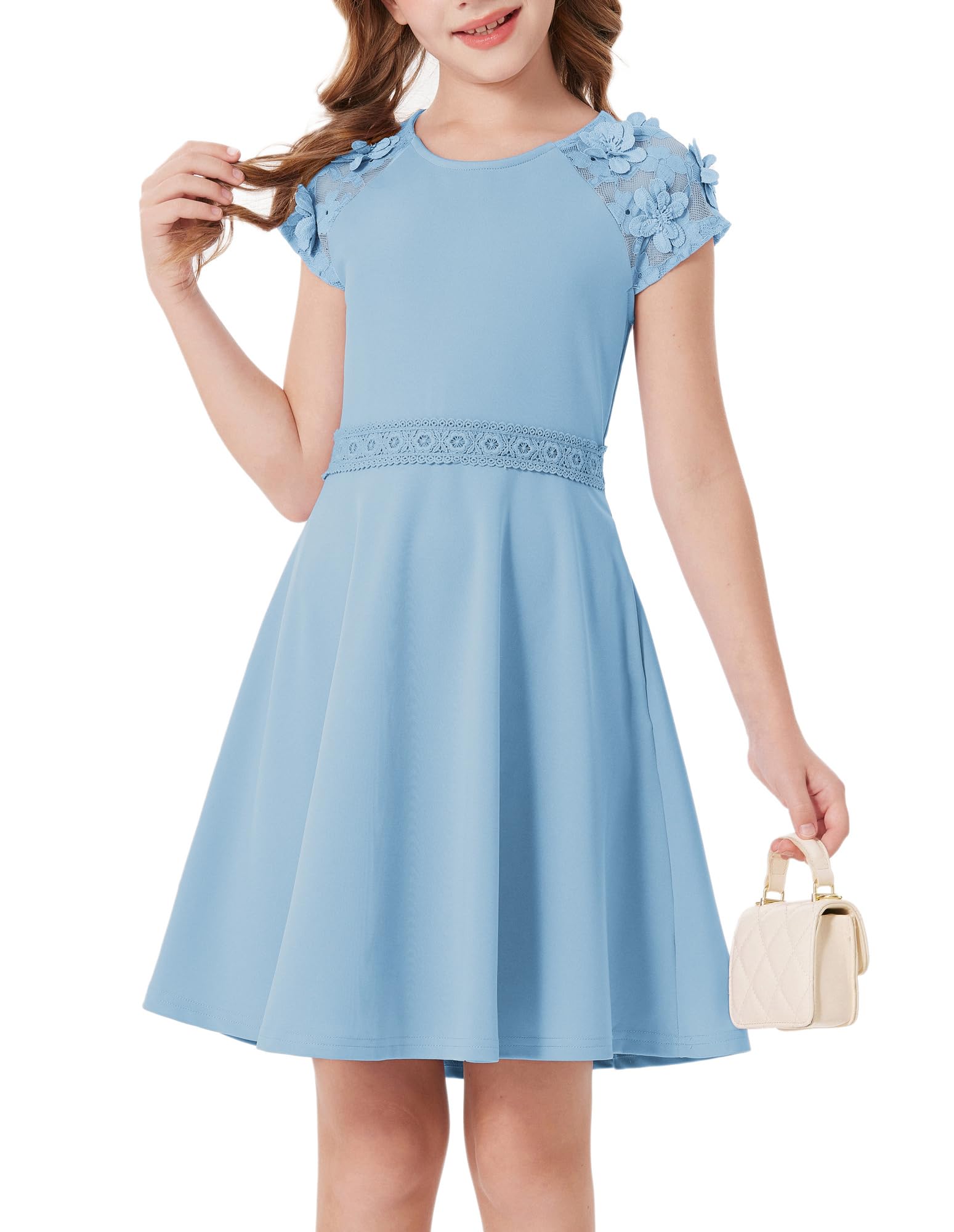 GRACE KARIN Mädchen Midikleid Sommer Einfarbig Rundhals Festliches Kleid Mit Blumen
