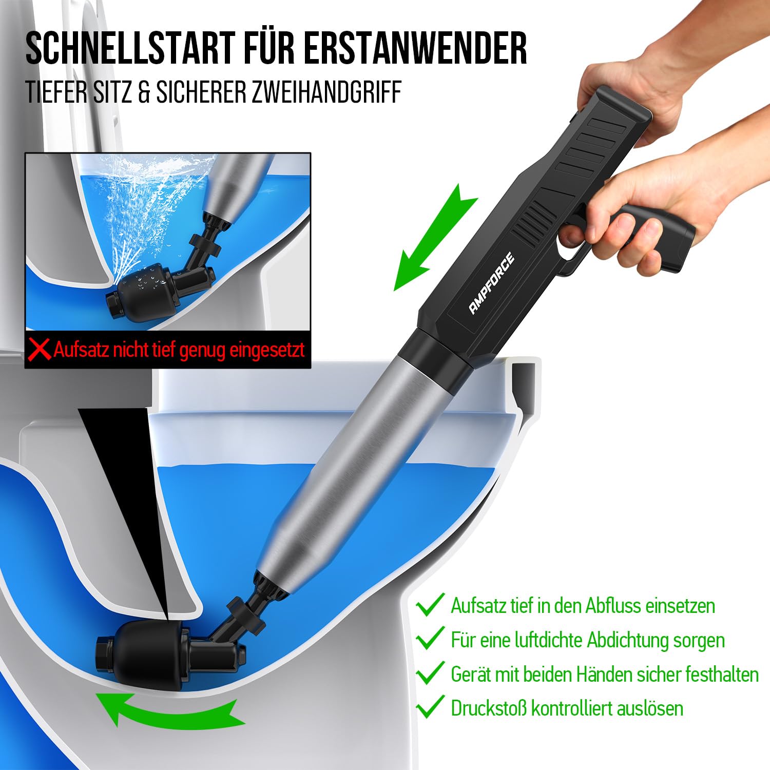 Elektrischer WC Pümpel - 1-8 BAR Verstellbarer Druckluft Rohrreiniger, 120° Anti-Spritz Saugglocke Toilette, USB-C Abflussreiniger Pumpe für WC Waschbecken Dusche Küche (Tintenschwarz)