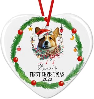 Dinoz My First Christmas Dog Corgi Lovers Décor, Baby Xmas Dog Santa Custom Name Tree Hanging Decorations Two Sides Print Ceramic Heart Ornament Keepsake Gifts for Home