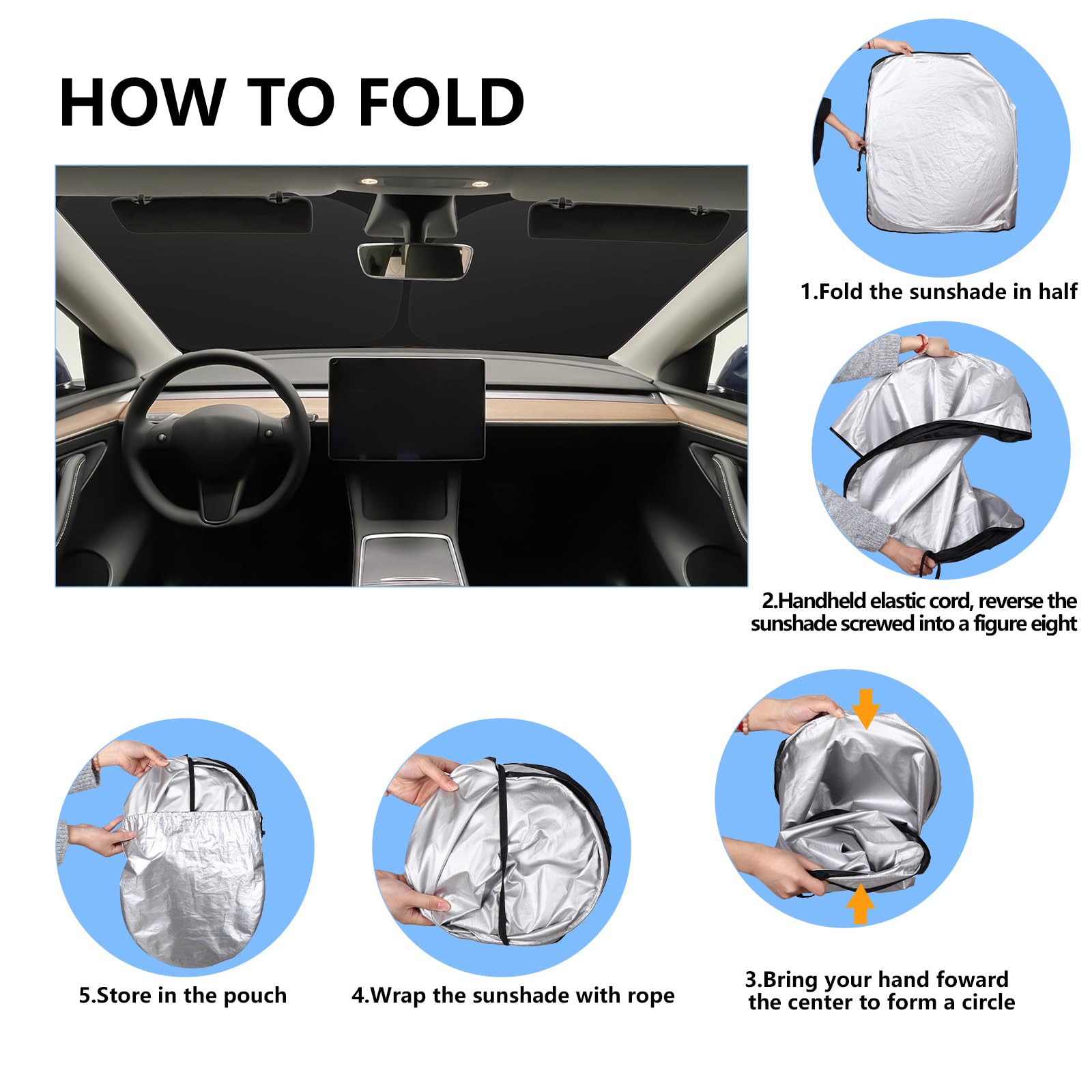 ZATOOTO Parasol Coche Delantero para Tesla Model Y Model 3, Protección Solar para Parabrisas, Cubierta Parabrisas para Bloques de Verano UV, Visera para Coche, Plegable, 132x92 cm