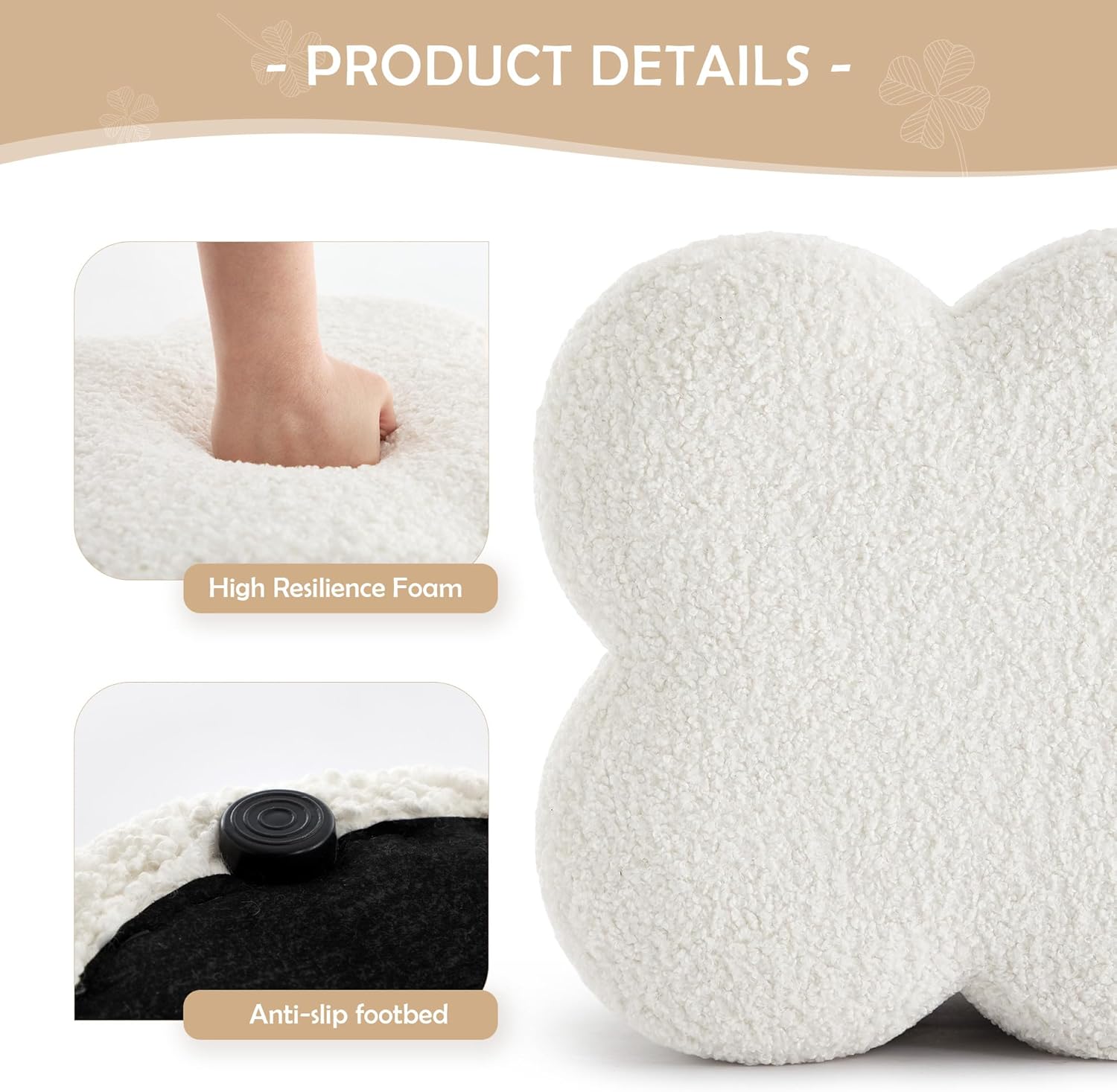 White Sherpa Ottoman, Small Vanity Stool, Modern Ottoman Stool, Footrest for Couch, Flower Footstool for Makeup Room, Entryway and Living Room