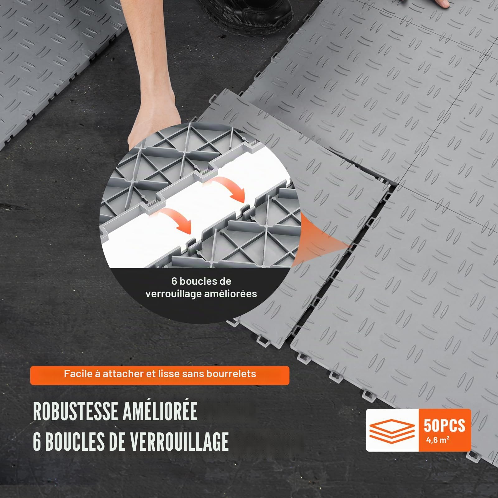 VEVOR Dalles de garage emboîtables, lot de 50, carrelage PP de revêtement de sol garage, 305 x 305 x 13,4 mm, texture double face antidérapante, pour garages, sous-sols, ateliers de réparation, argent
