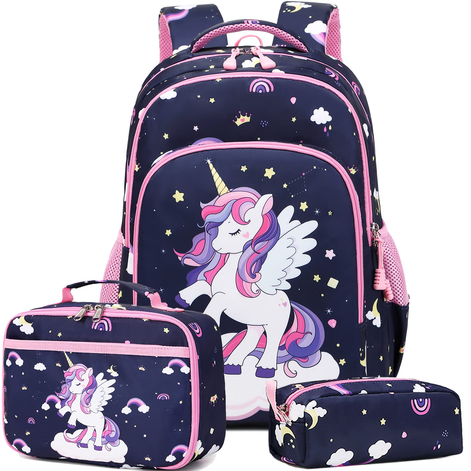 Dafelile Girls Backpack for Elementary Unicorn Backpack Kids Backpack School Bookbag for Girls 3 in 1 Set Back to School