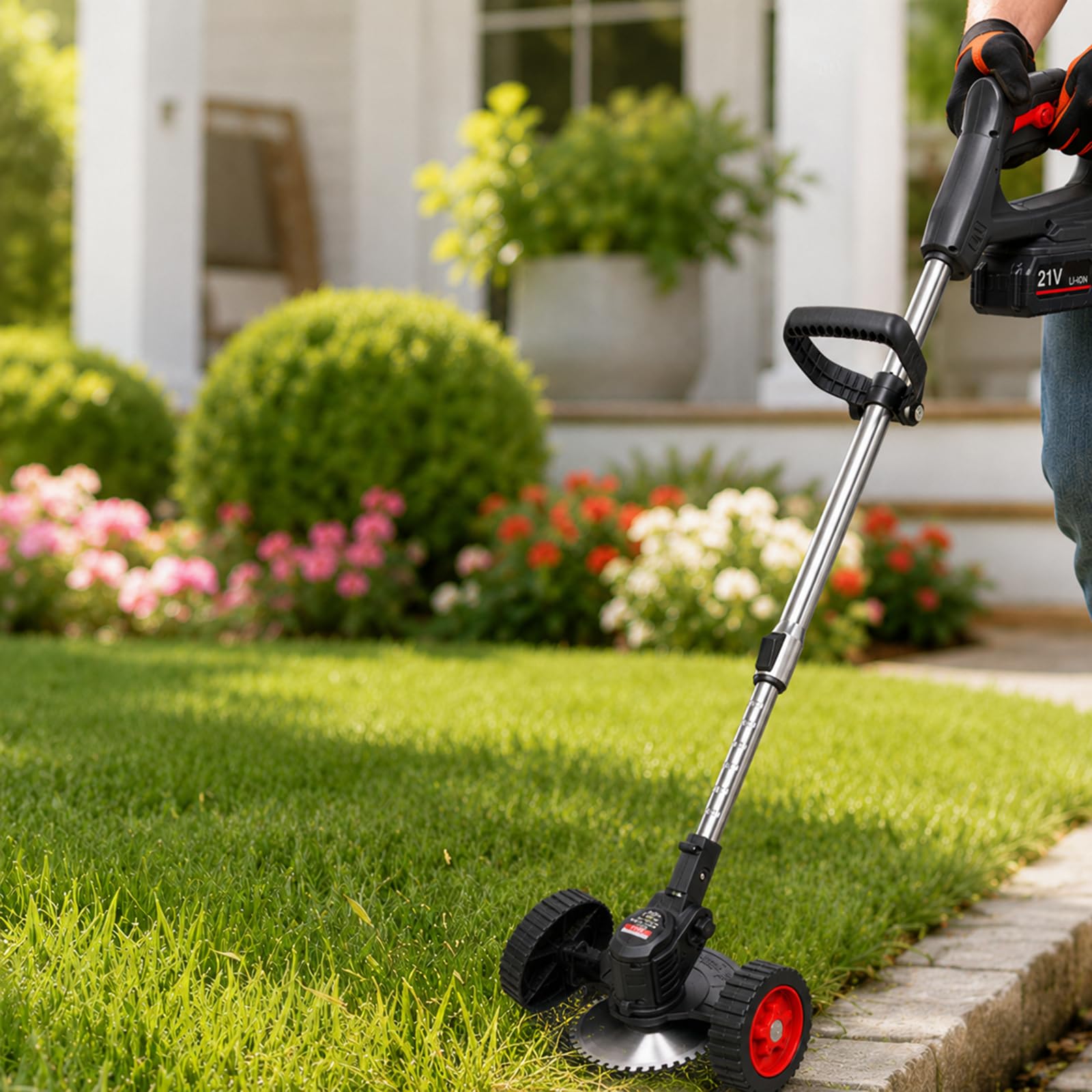 Wianqian Black Cordless Grass Trimmer 21V, 180W Brush Motor, 8000Rpm Lawn Edger With 3 Blades -10-Cellbattery