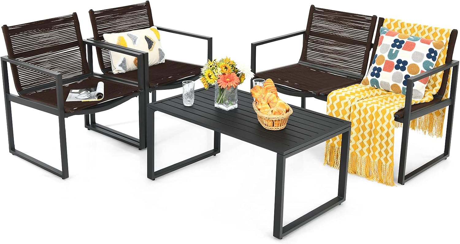 Tangkula 4 Pieces Patio Furniture Set, Outdoor Conversation Sofa Set with Coffee Table, Loveseat and 2 Single Sofas, Patio Bistro Set for Balcony, Garden, Backyard, Poolside