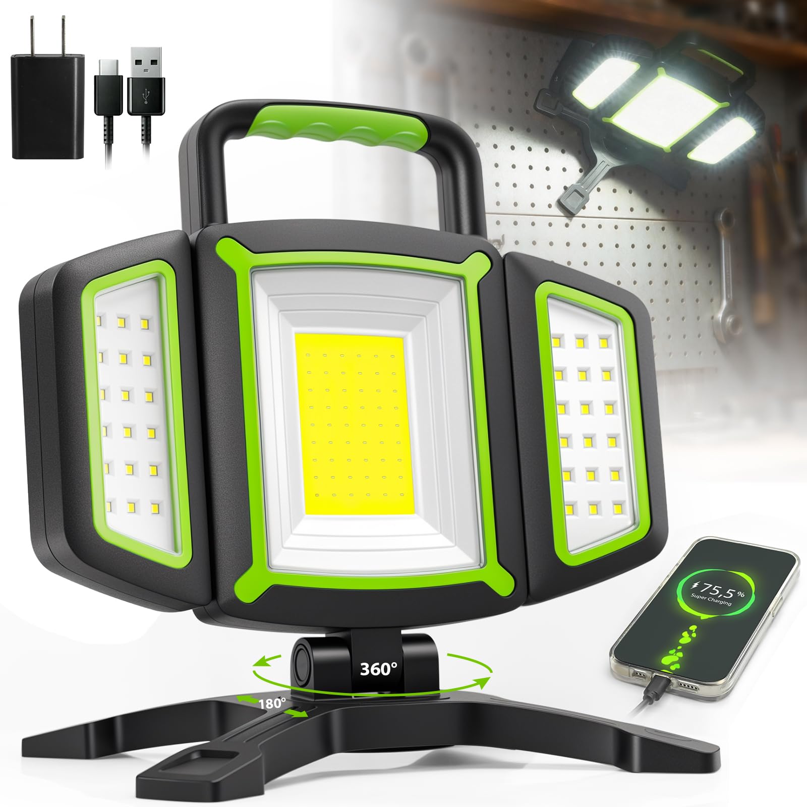 SideKing Projecteur LED Rechargeable 3000LM - Cadeau Fête des Pères, Lampe Chantier 4400mAh, Rotation 360°Base Magnétique, Pliable, IP65 Étanche, Projecteur LED Chantier pour Atelier, Camion