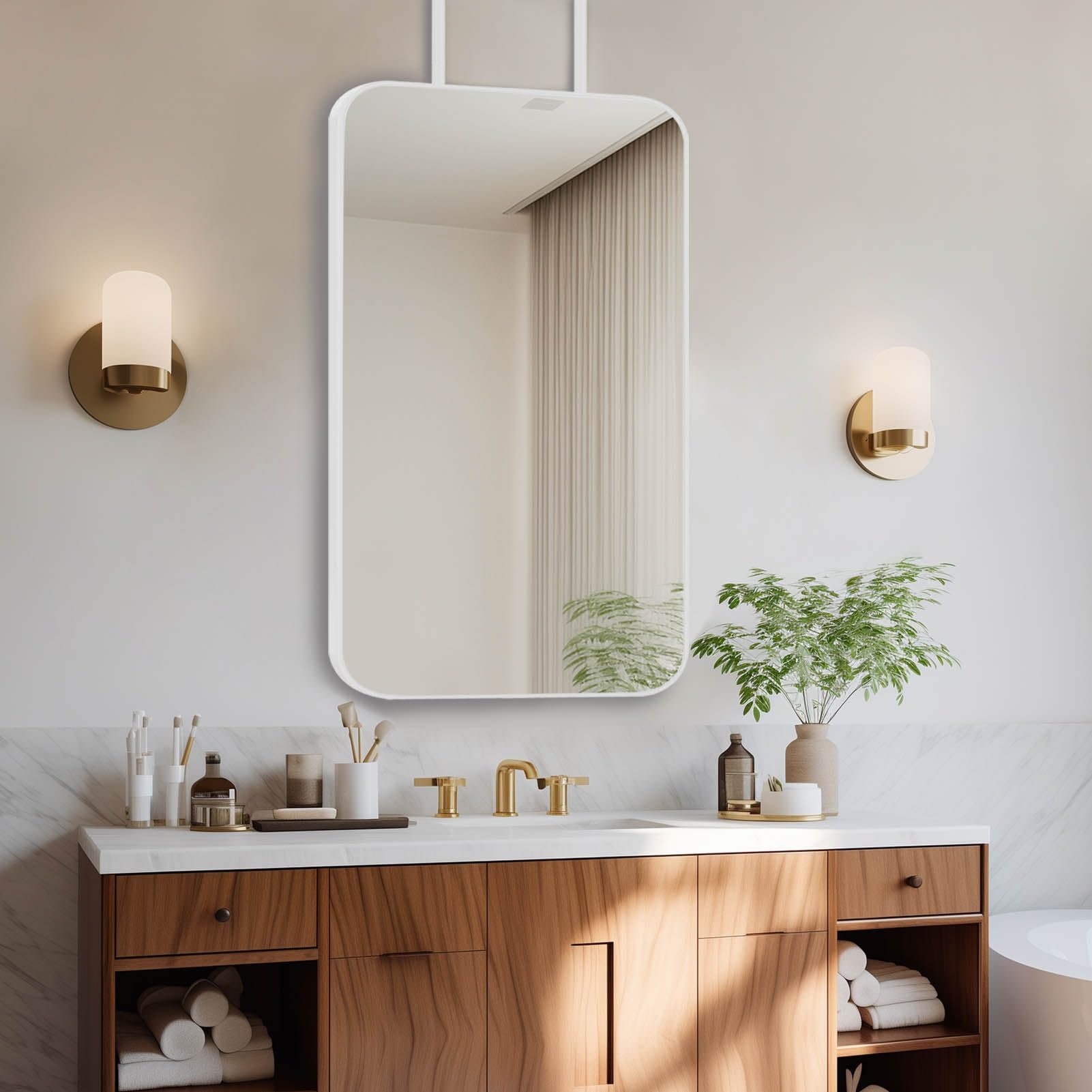 SXFSDOU Rectangular Hanging Wall Mirror, White Metal Frame Mirror for Ceiling Vanity Bathroom, Living Room, Bedroom, Entryway Customizable(50cmx70cm)