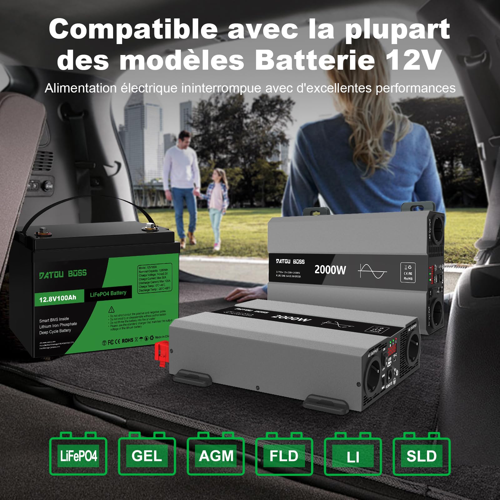 DATOUBOSS Convertisseur 12V 220V 2000W(4000W Crête) Pur Sinus, Transformateur Onde Sinusoïdale Pure, Onduleur avec 2 Prises EU, USB-A et USB-C,Écran LCD,Commande à Distance,Camping-Car Voiture,Solaire