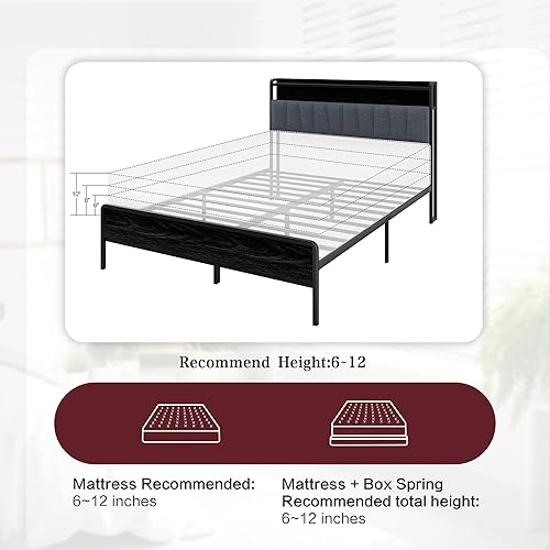 Miniatura 18 de SUNLEI Base de cama Queen con luz LED y 2 cajones, plataforma de metal con estación de carga y cabecera de almacenamiento de tela de lino, listones