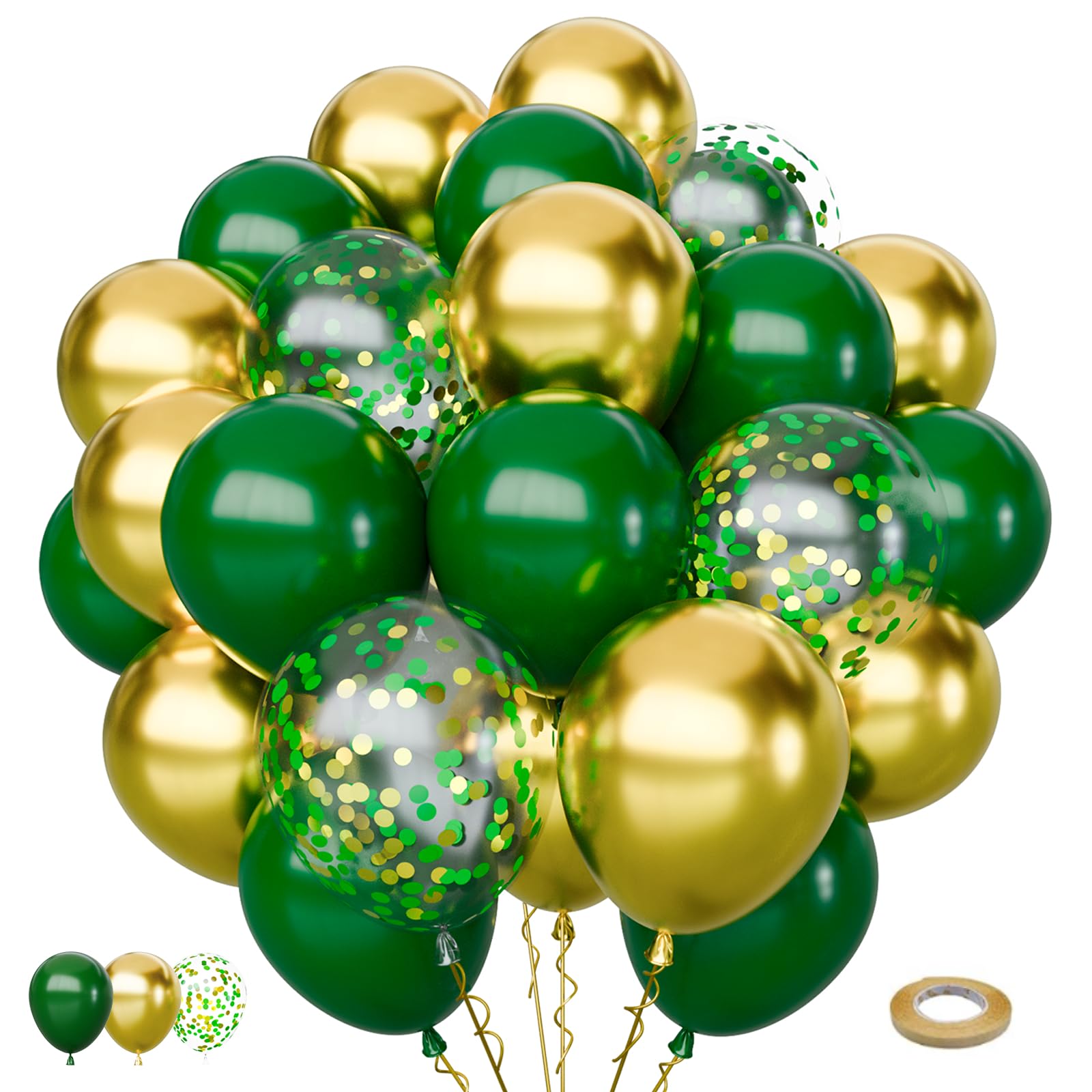 Green and Gold Balloons Set, 65Pcs Dark Green Balloons 12in