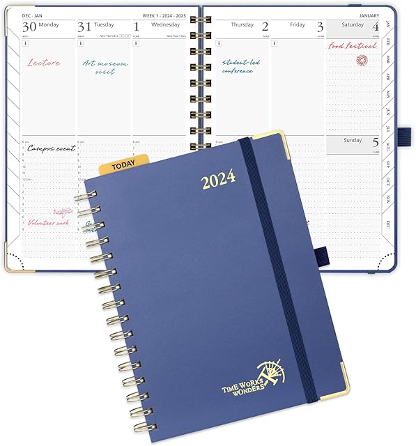 POPRUN Week to View 2024 A5 Diary 21.5 x 16 cm, Hard Cover Appointment Diary 24 Weekly Work Planner Dotted Note Page, Spiral Hardcover, 100GSM FSC® Paper - Navy blue