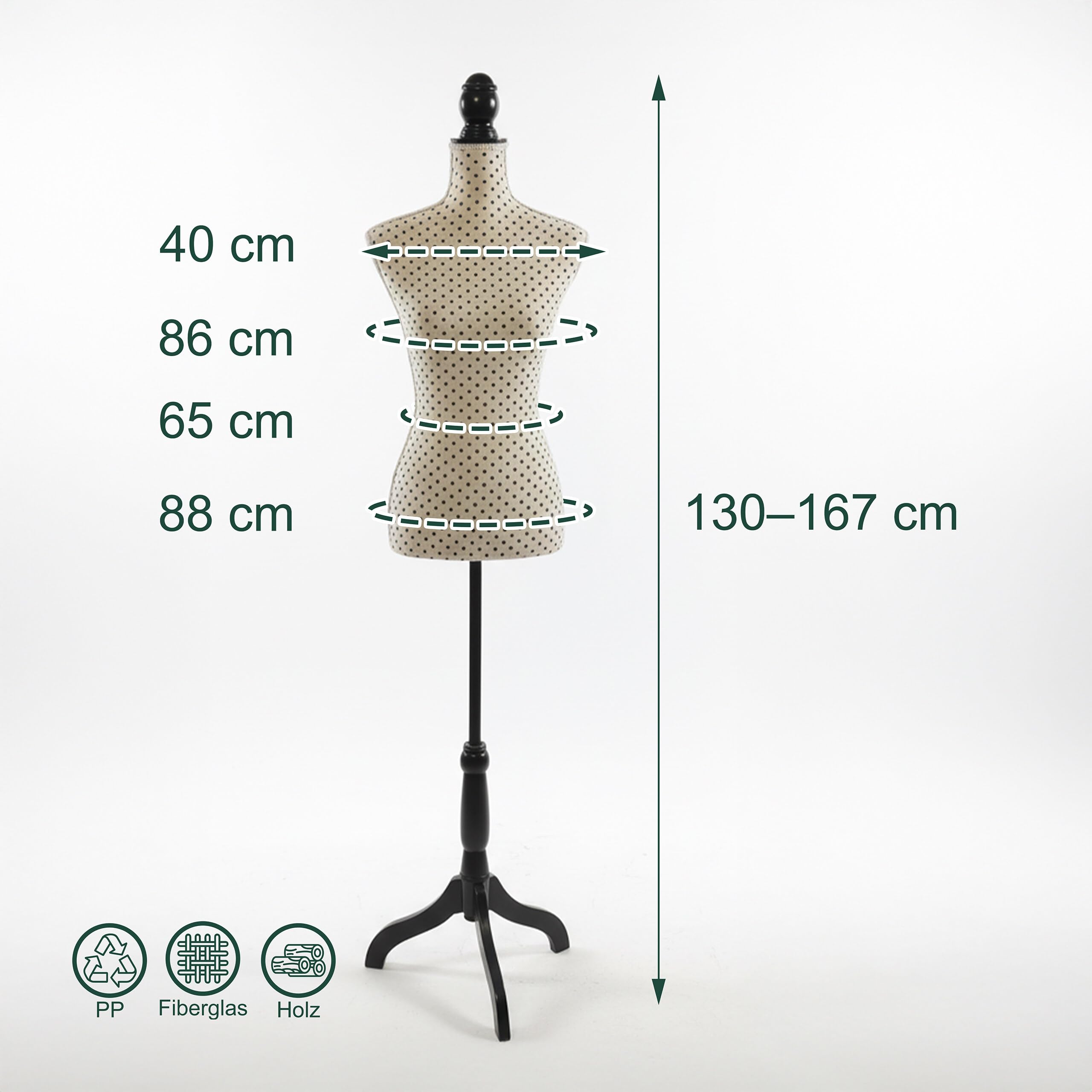 Relaxdays Schneiderpuppe, weiblich, Größe 36/38, verstellbar 130–167 cm, gepunktet, Holzständer, Nähpuppe, beige/schwarz