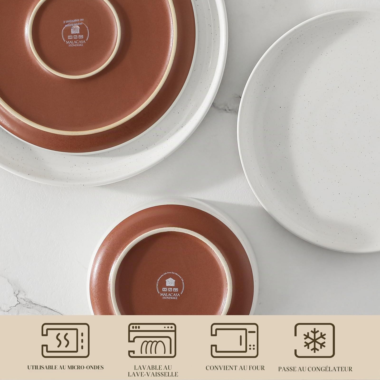 MALACASA, Série TARA, 18 Pièces Service de Vaisselle pour 6 Personnes en Grès | Ensemble de Vaisselle à Pois de Sésame | Service d'Assiette et Bol | Va au Lave-vaisselle | Blanc Vanille et Fond Khaki