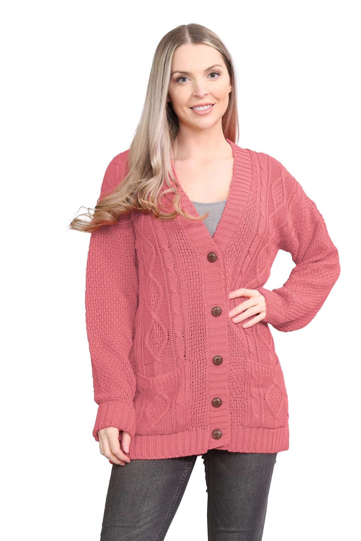 Janisramone Women's Coral Janisramone® Long Sleeve Chunky Cardigans For Uk, V Neck Button Up Cable Knit Cardigans, Warm Winter Long Jumpers Top For Casual And Daily Knitwear Cardigan