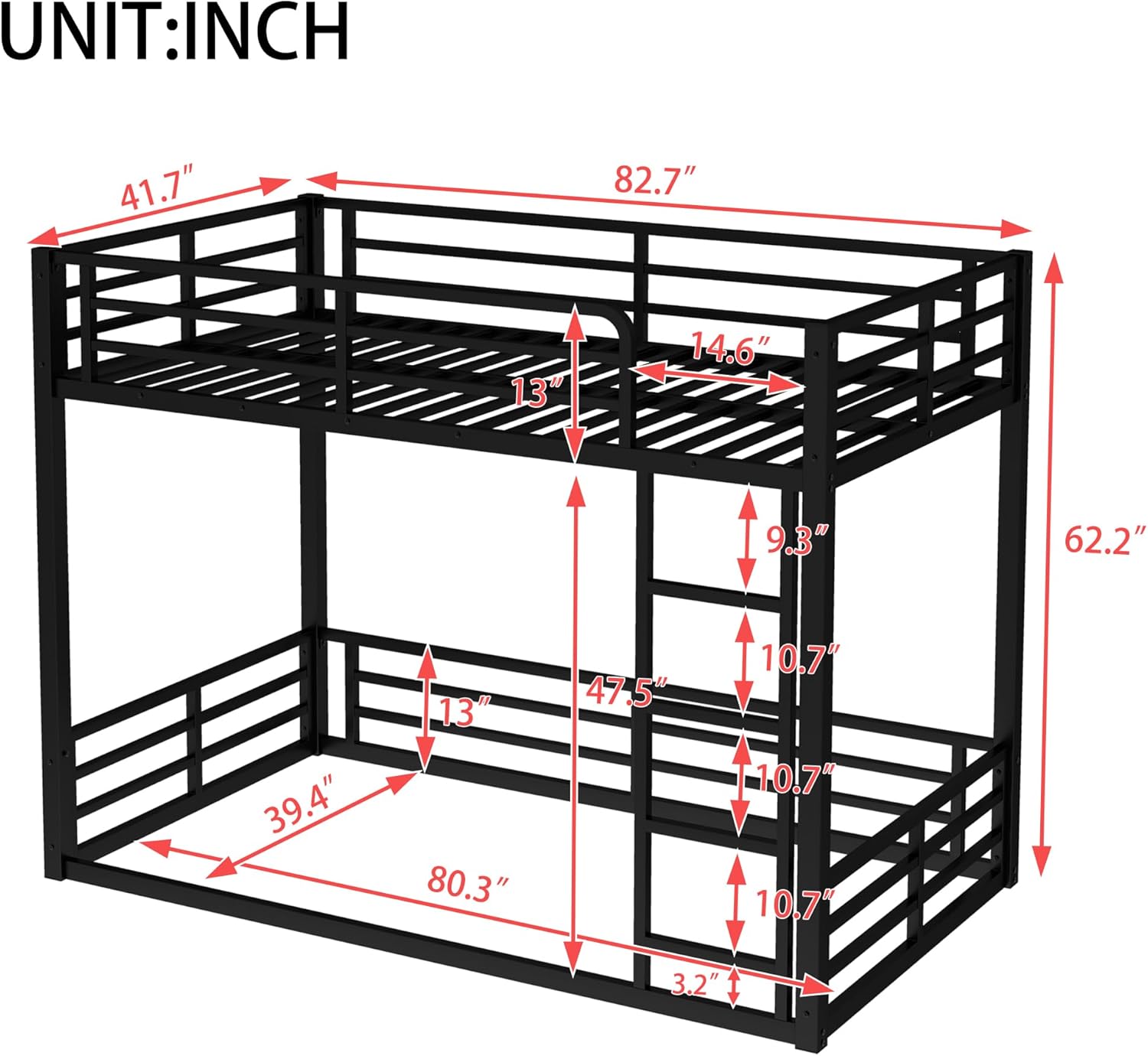 Dimensions diagram for Bellemave Twin XL Over Twin XL Floor Bunk Bed
