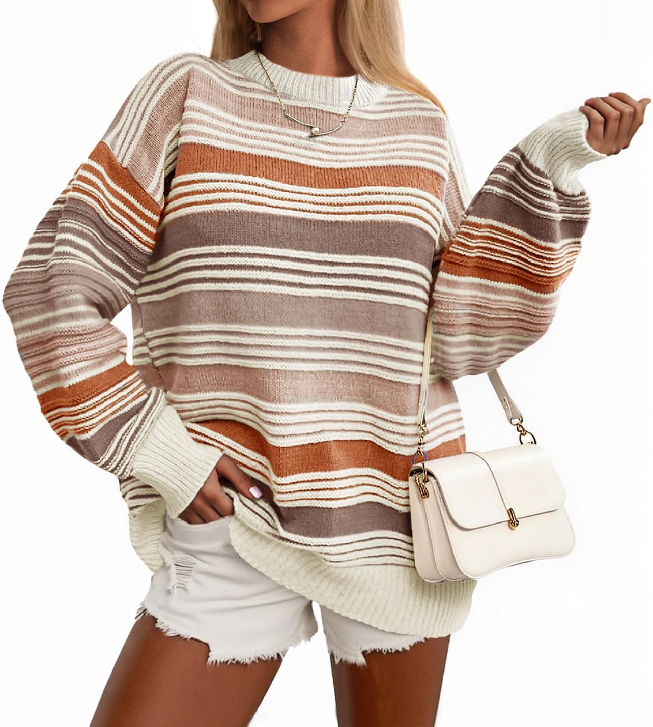 Saodimallsu Womens Striped Sweater Color Block Crew Neck Long Sleeve Fall Colorful Rainbow Knit Loose Pullover Top