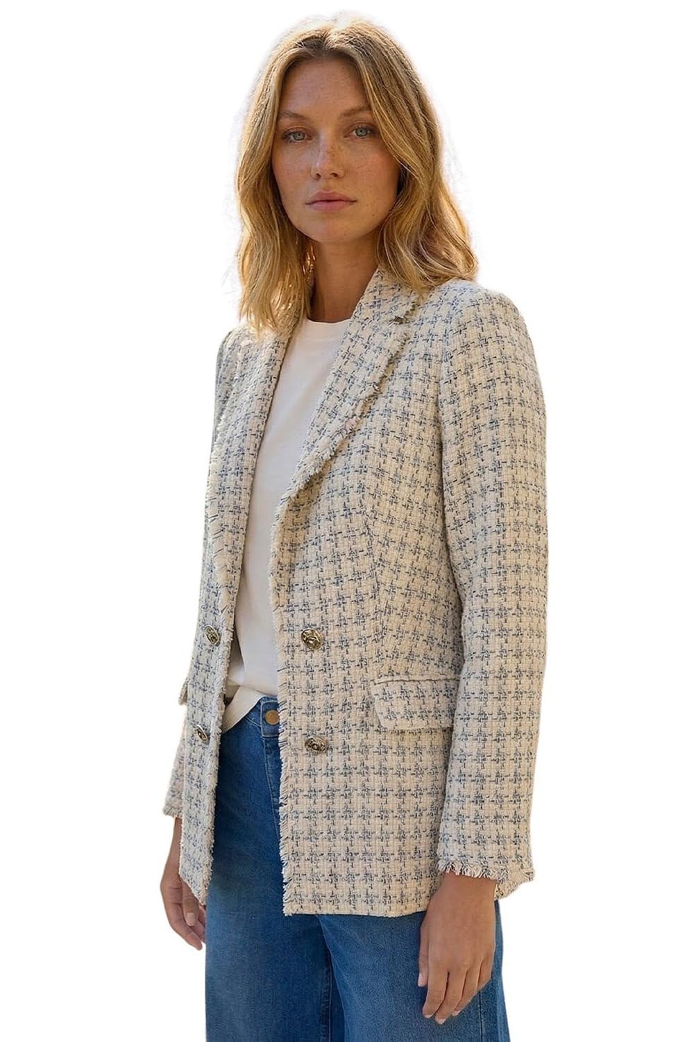Roman Women's Blue Boucle Frayed Edge Jacket