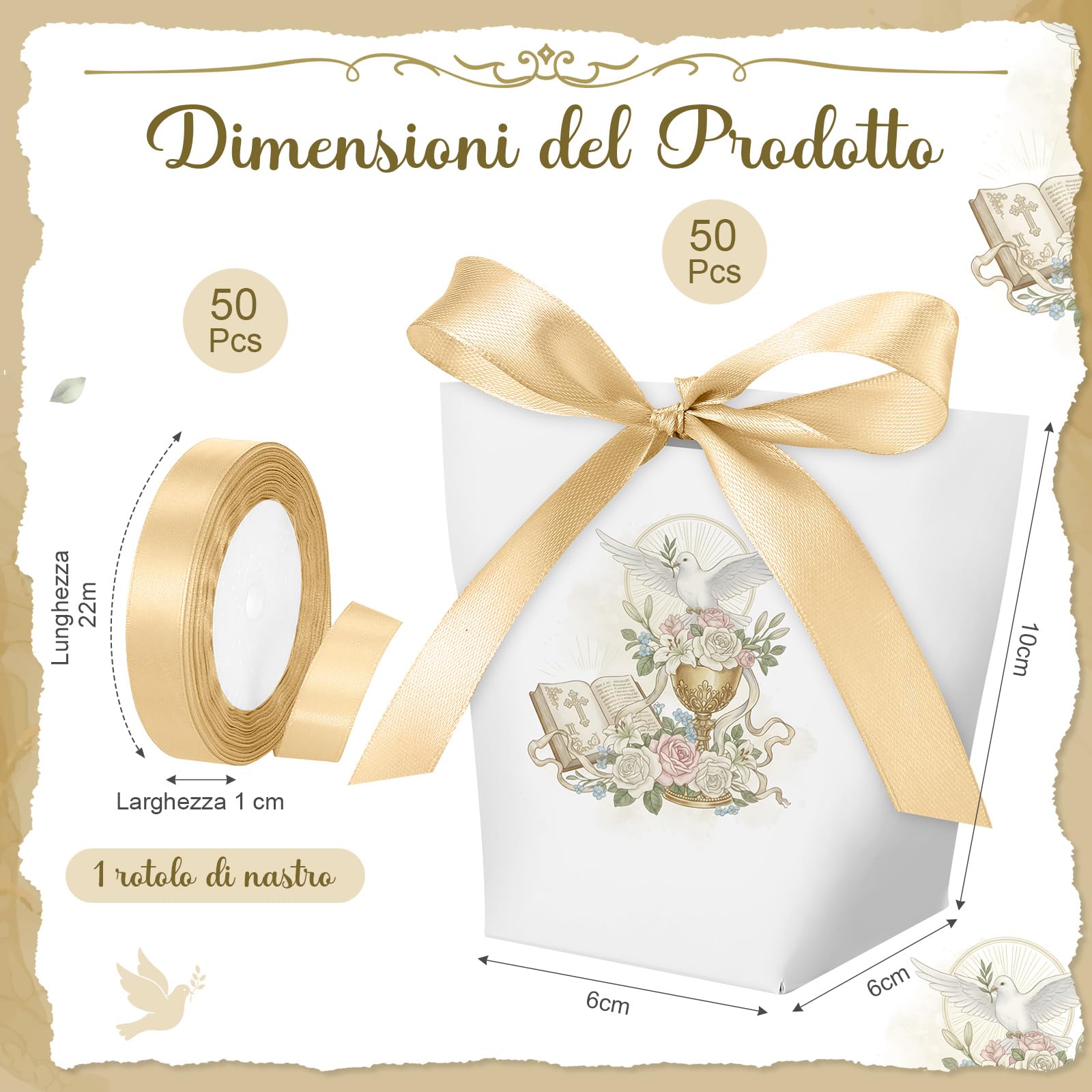Tenare 50 Pezzi Scatoline Bomboniere Comunione Scatole Portaconfetti Cresima 1 Nastro Dorato Sacchetti Confetti Comunione Regalo per Festa Cresima Battesimo Compleanno Matrimonio