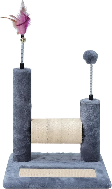 Arranhador para Gatos Roypet com Poste Giratório, Brinquedos de Penas e Bolas, Cinza