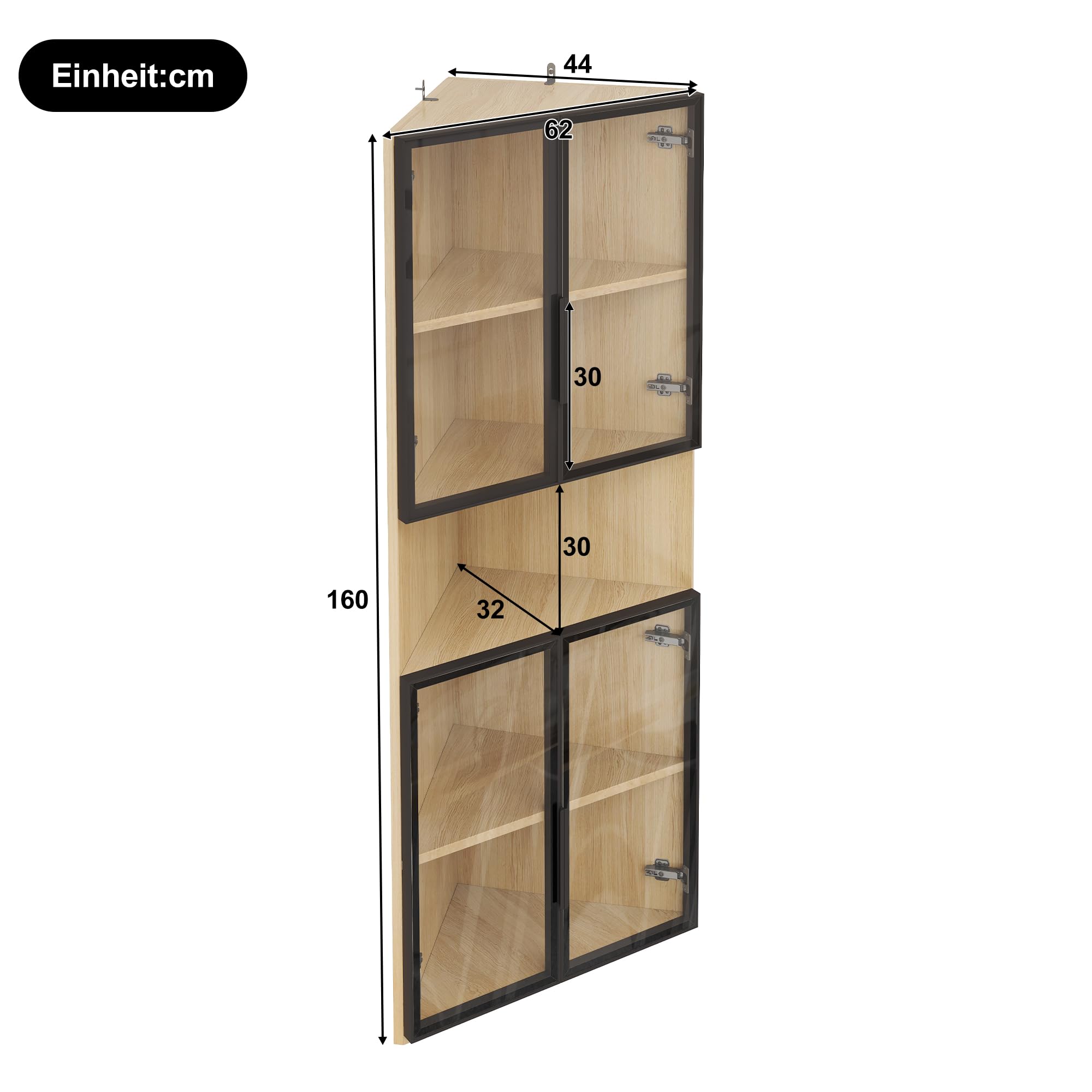 REXO Vetrina in vetro a LED, 62 × 32 × 160 cm, effetto rovere, striscia luminosa a LED, vetro temperato antipolvere, vetrina angolare con porta, libreria, vino e bagno