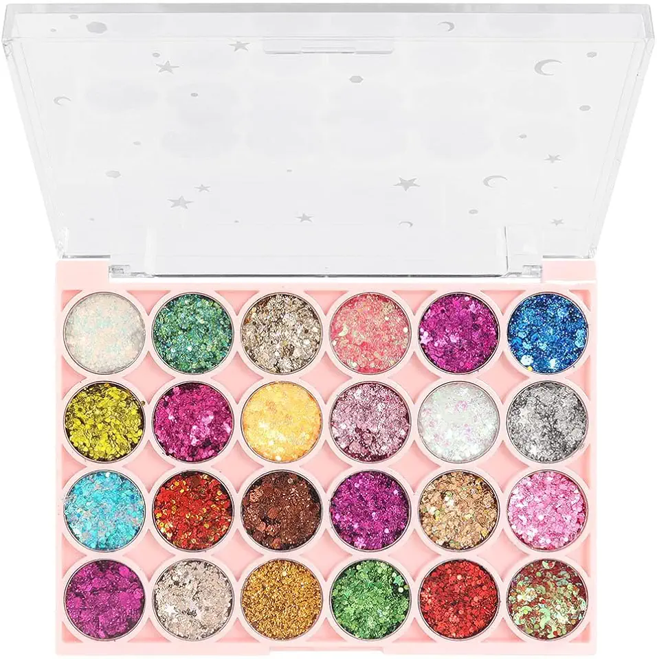 Paleta de sombras com glitter de 24 cores para mulheres, preto, branco, rosa, verde, azul, arco-íris, brilhante, neon metálico, brilhante, paleta de sombras, maquiagem com purpurina, sombra prensada