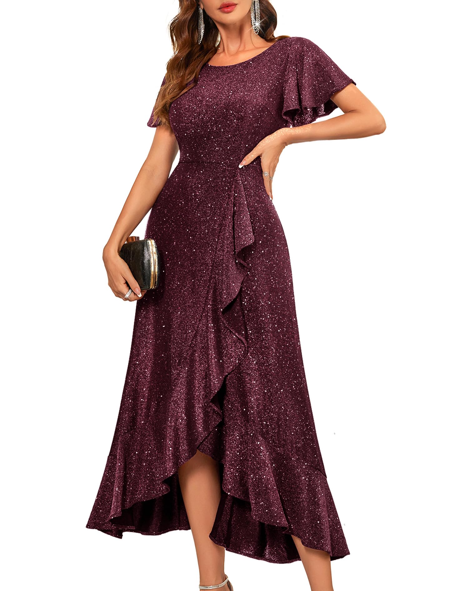Berylove Vestido de noche largo para mujer, vestido de fiesta con volantes, vestido de fiesta para boda, vestido de fiesta, elegante, marrón, XL