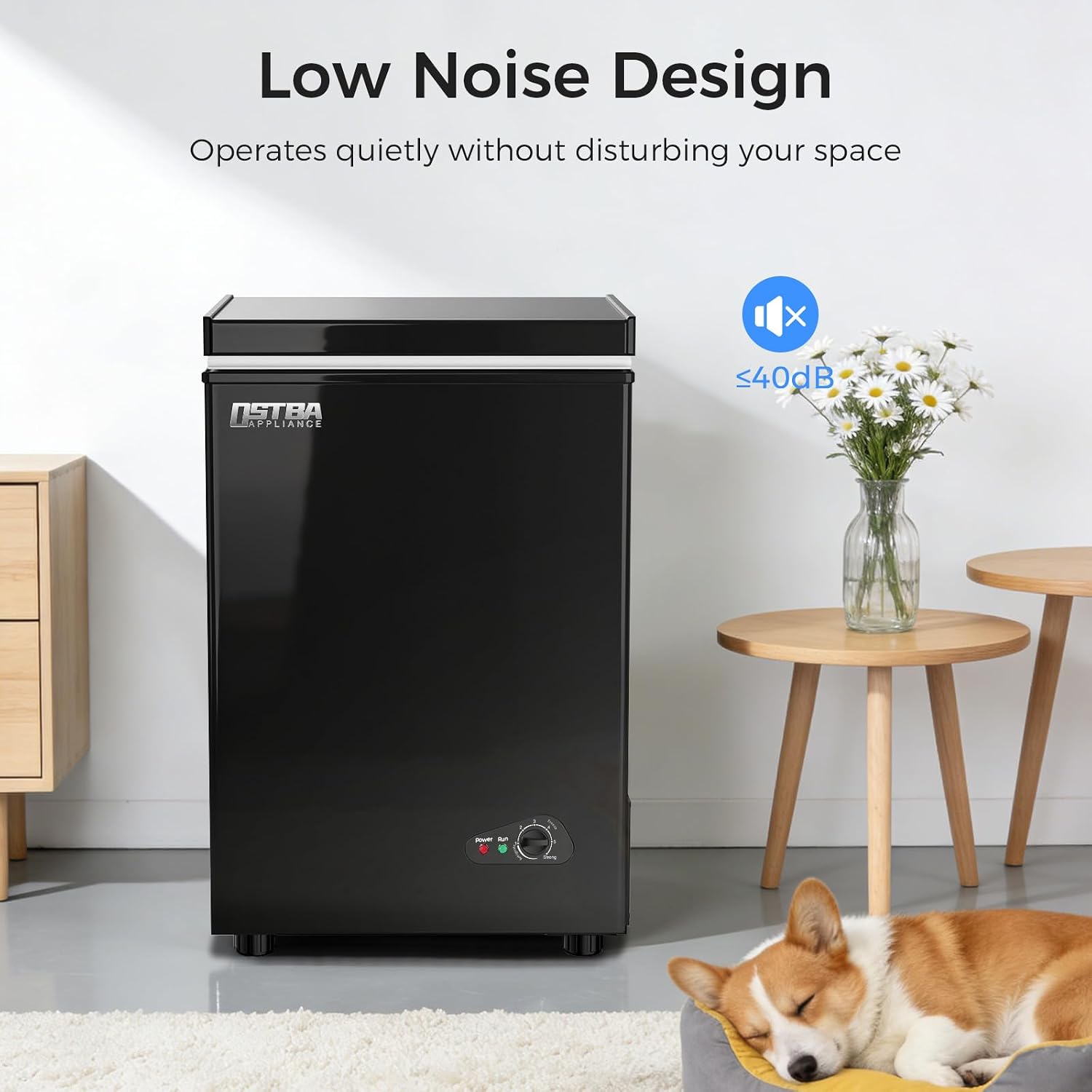 Detailed view of freezer features including wide-opening door, drain port, sealing gasket, and powerful cooling fan