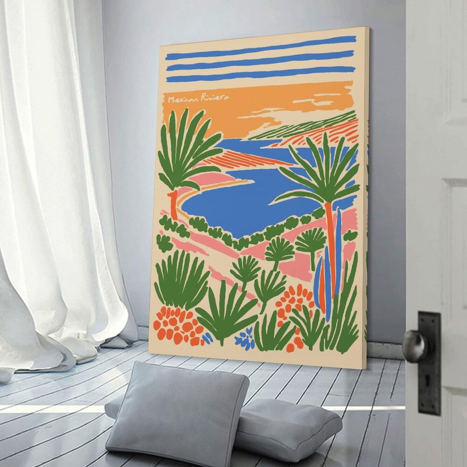 Junmoney Mexican Riviera Coastal Landscape Illustration Canvas Wall Picture, 20x30inch(50x75cm), for Sofa Walls, Lounge Or Home Corners, Modern Wall Decor for Cosy Interiors