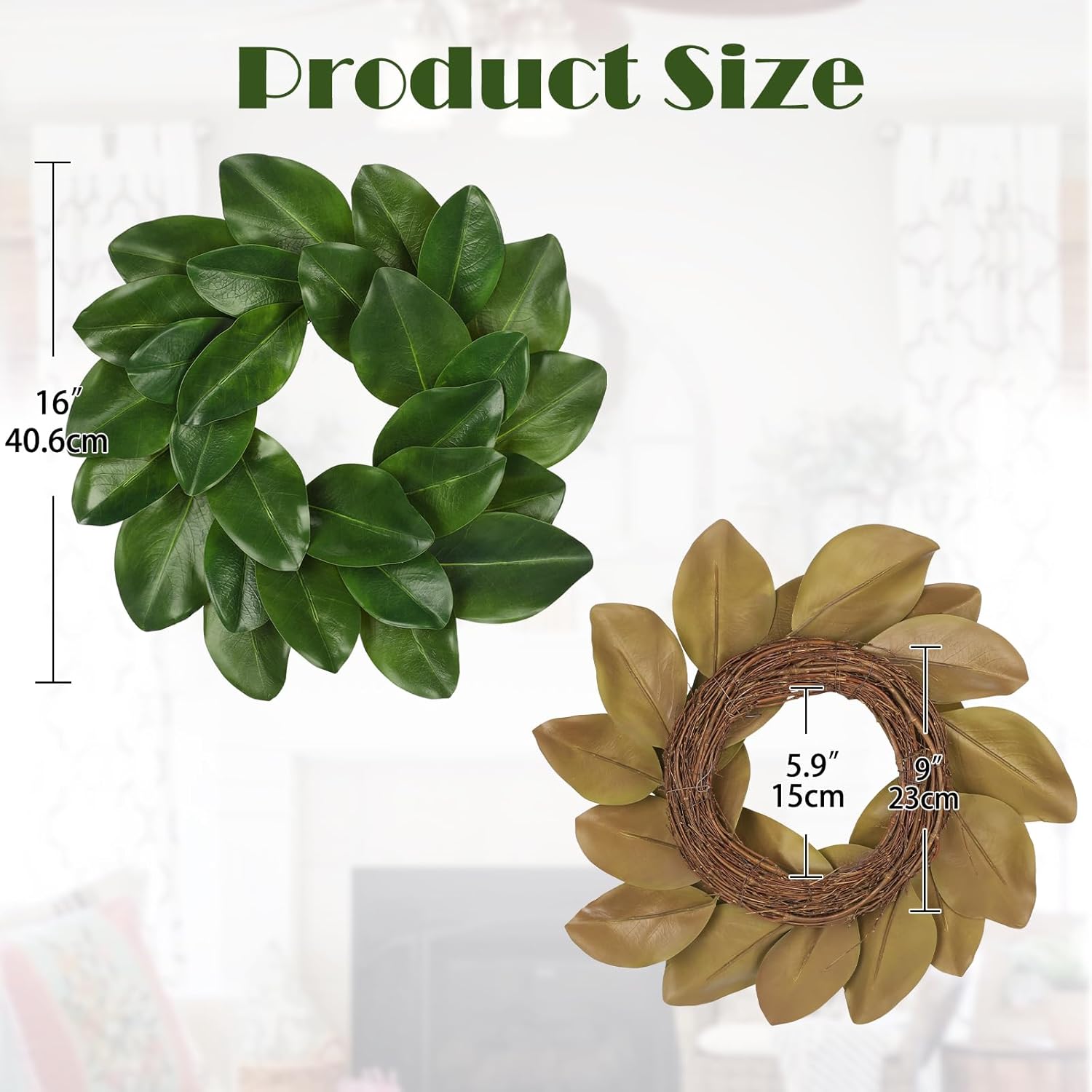 Briful 16in Artificial Magnolia Wreath for Front Door Small Silk Greenery Wreath Fake Magnolia Leaf Wreaths for Home Wall Window Mantle Indoor Outdoor Patio Decor 16in Magnolia Wreaths