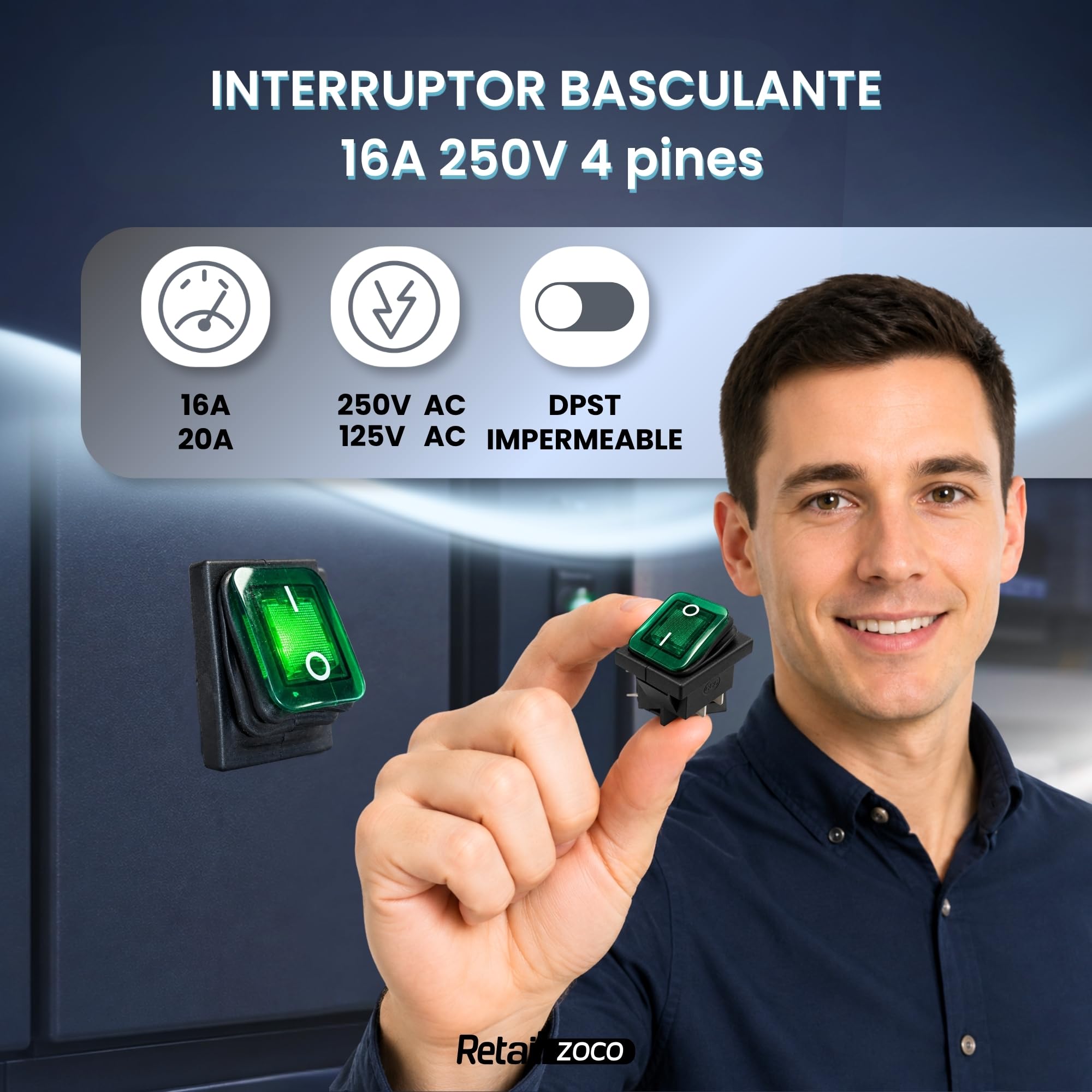 Interruptor Basculante DPST ON/OFF 4 pin, Luz Verde, 1 Unidad - imagen 2
