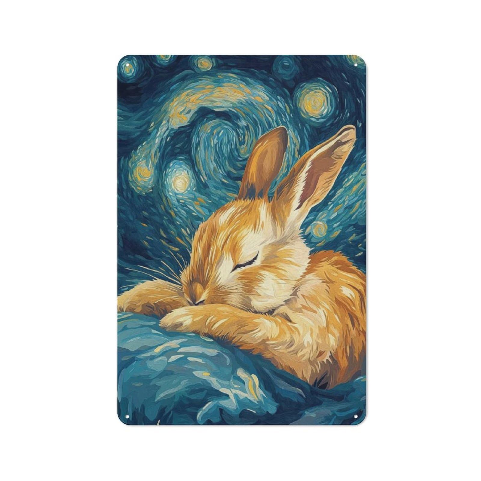 Junmoney Style-18 Tin Wall Plaque 30X20cm With Sleeping Bunny Starry Night For Guest Room Or Hallway, For Garage, Workshop And Man Cave Decoration