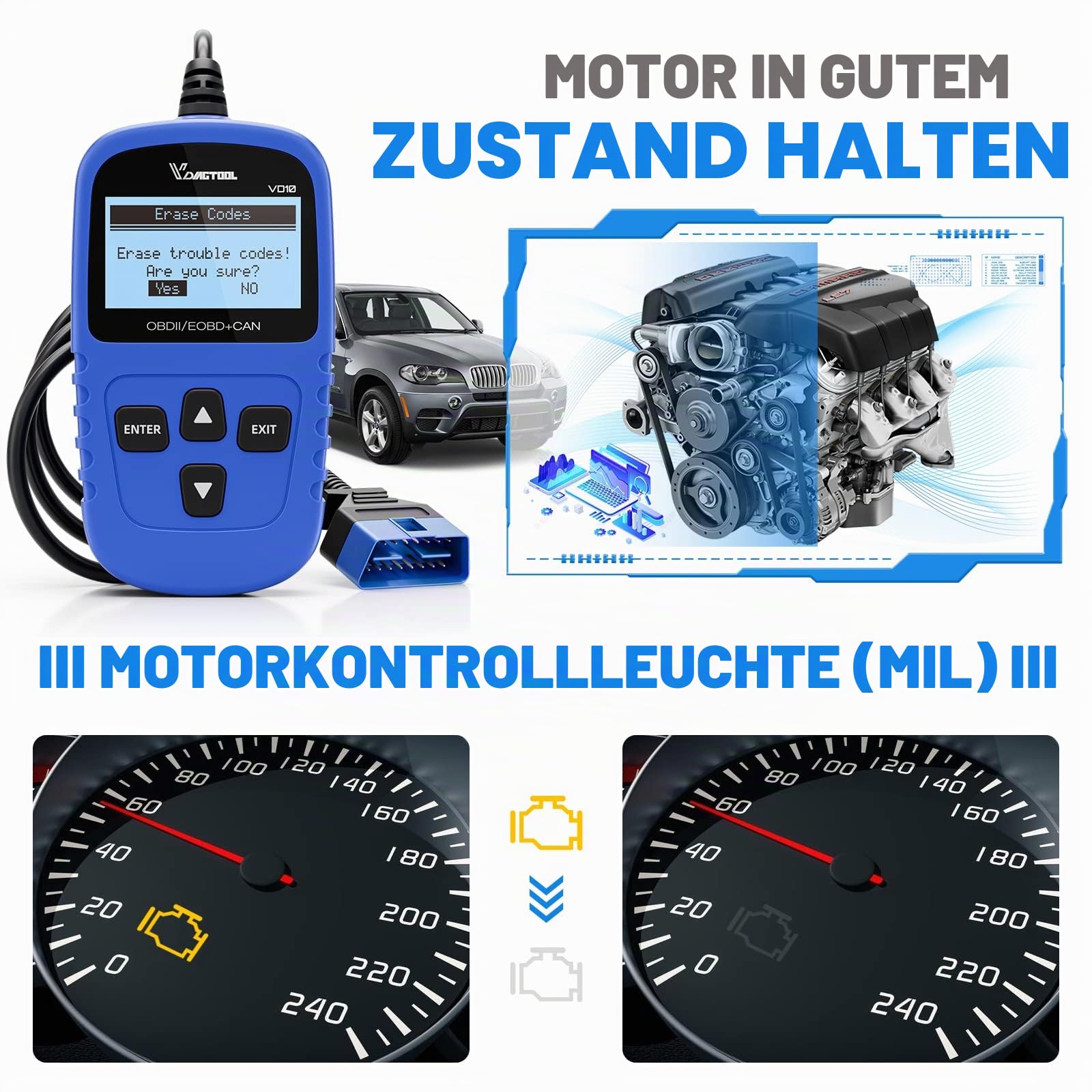 VDIAGTOOL VD10 OBD2 Diagnosegerät für EOBD Fahrzeuge, Diagnosegerät Auto Mit Live-Daten/I/M Bereitschaft, Universal OBD-Scanner Adapter, Auslesegerät Auto Diagnose für Alle OBD II Protokoll-kfzs