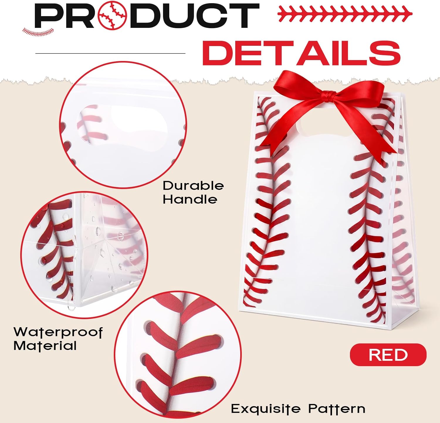 Hsei 24 Pcs Baseball Clear Goodie Bag 7.1 x 10.2 x 3.1 Inch PVC Ribbon Reusable Clear Gifts Bag with Handle Sport Theme Party Favor Gift Bags Bulk for Team Gifts Birthday Party Exercise Supplies