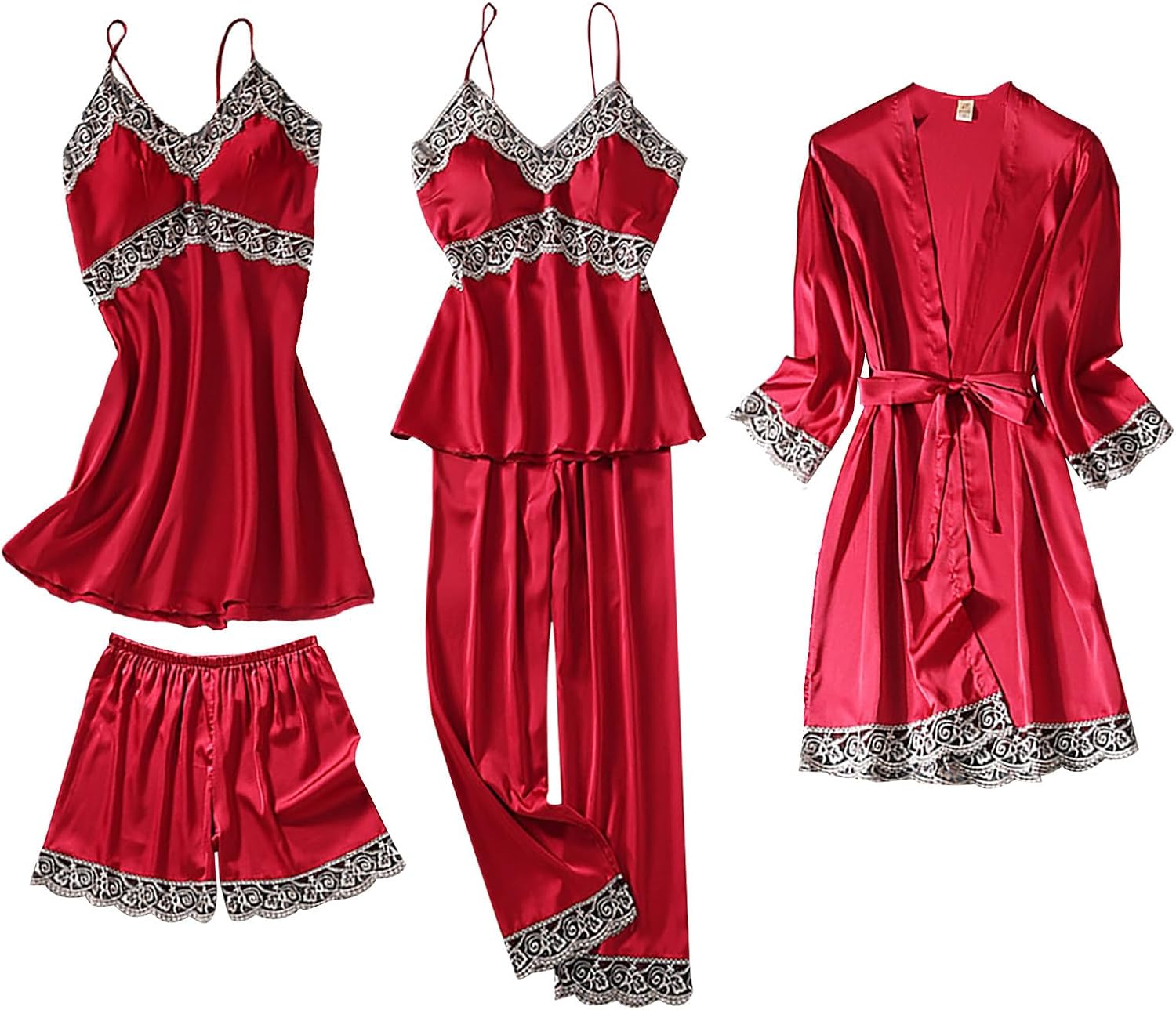 Silk Pajamas for Women 5Pcs Sleepwear Loungewear Satin Robe Chemise Cami Top Long Pants Shorts Pj Set Nightgown